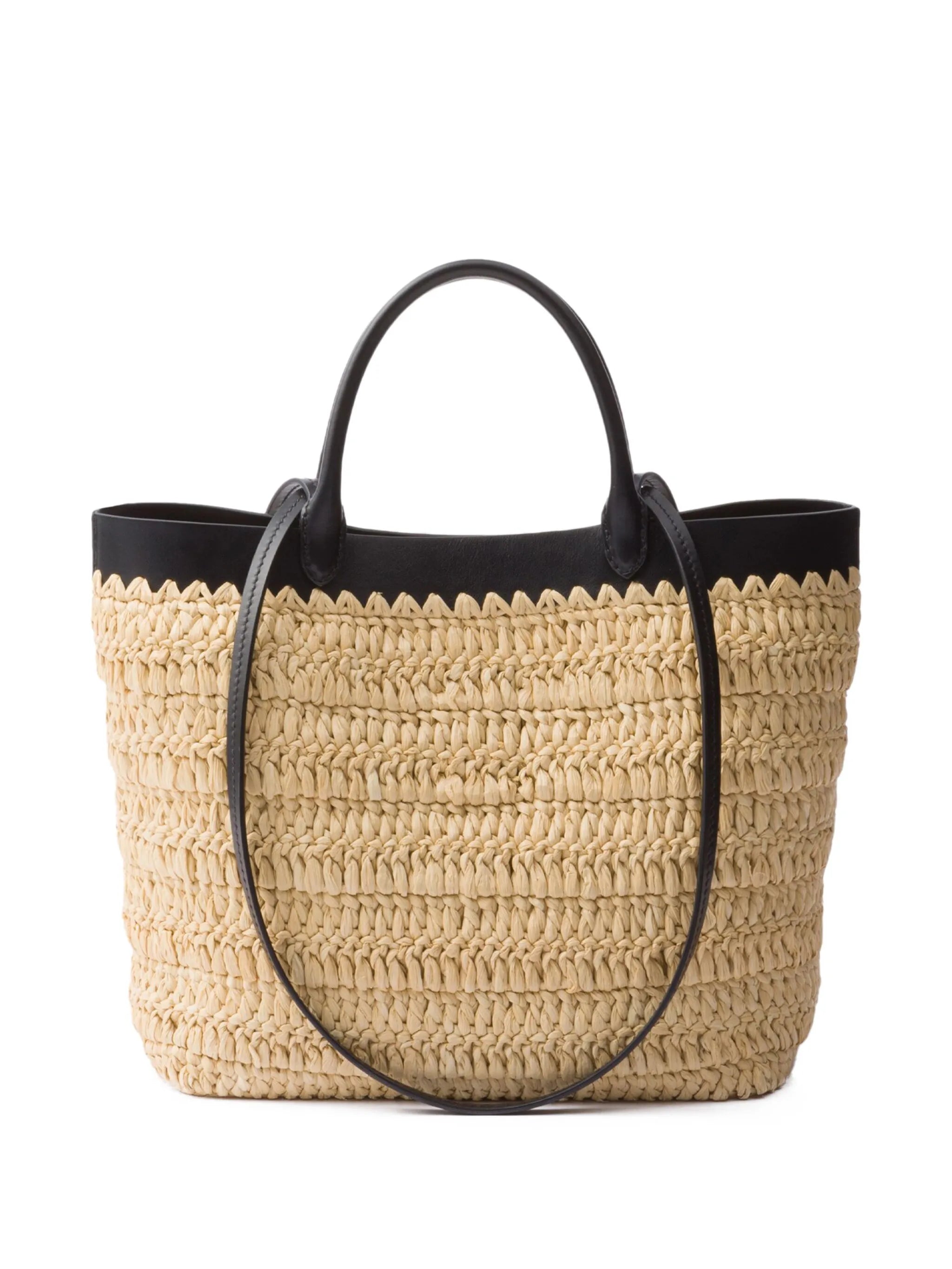 small leather-trimmed woven tote bag