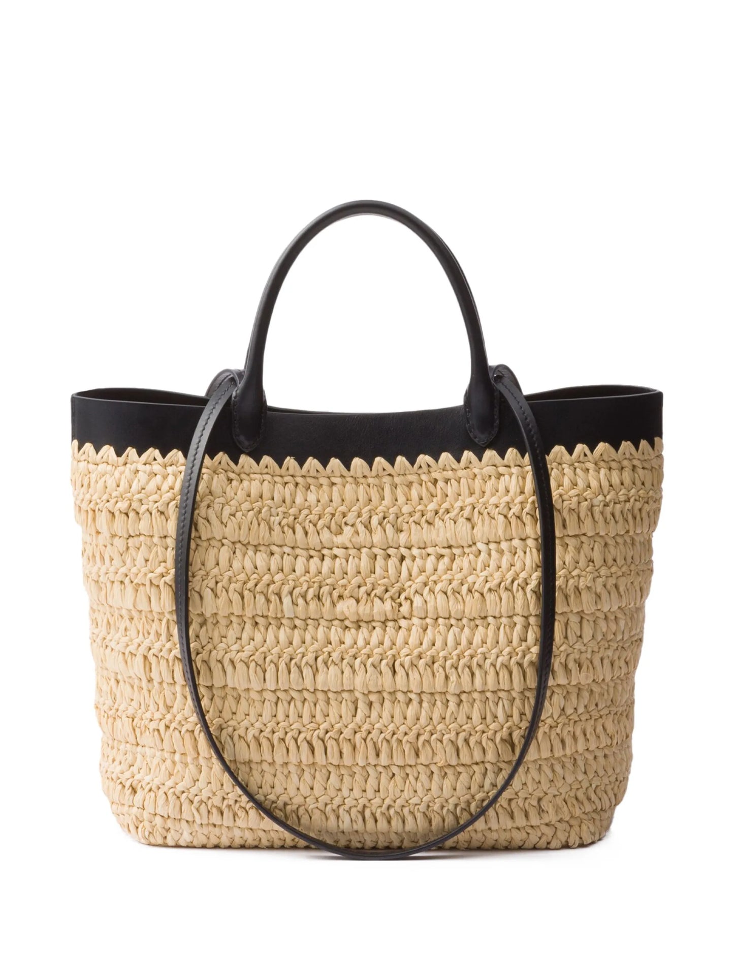 small leather-trimmed woven tote bag