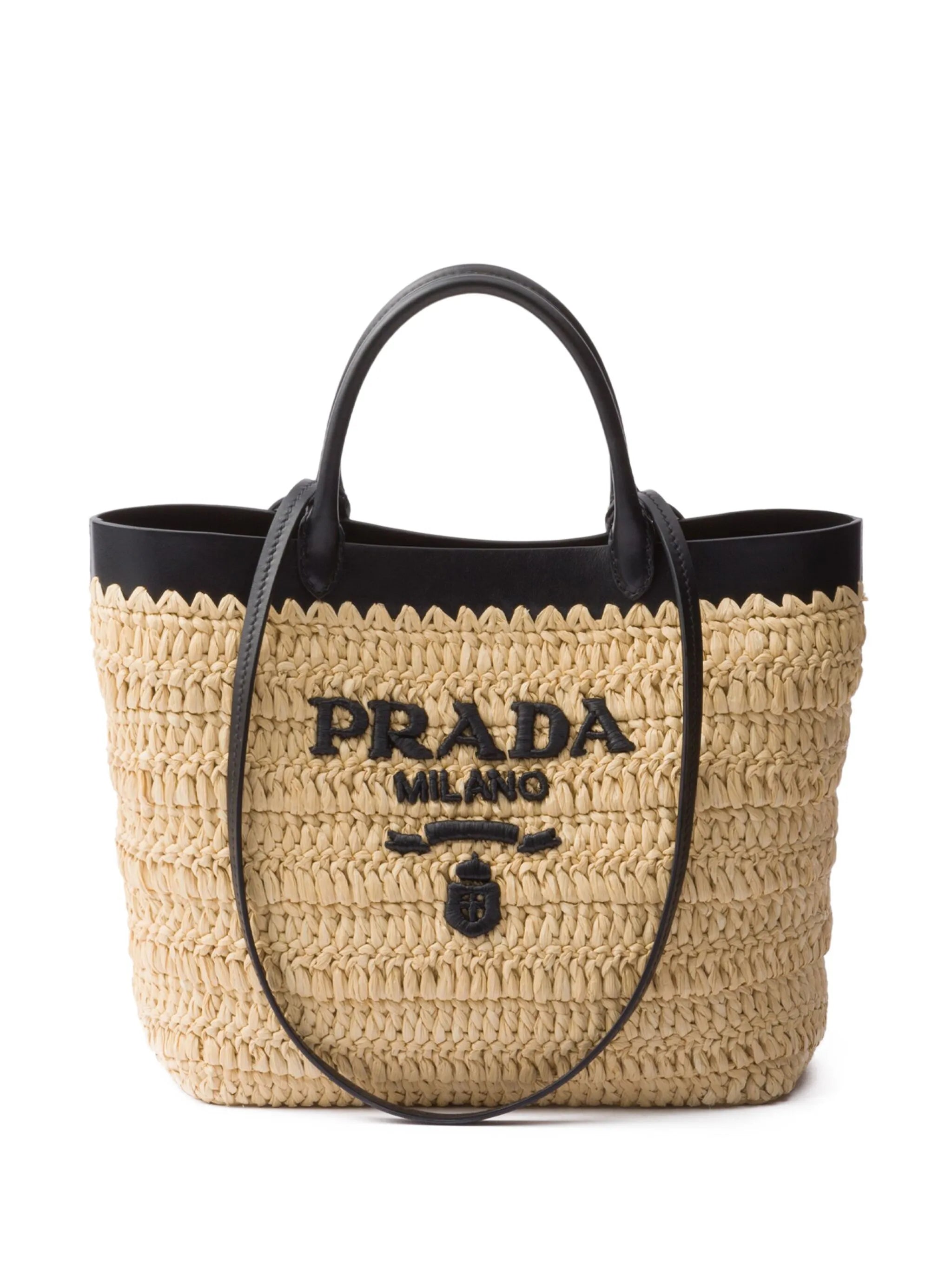 small leather-trimmed woven tote bag