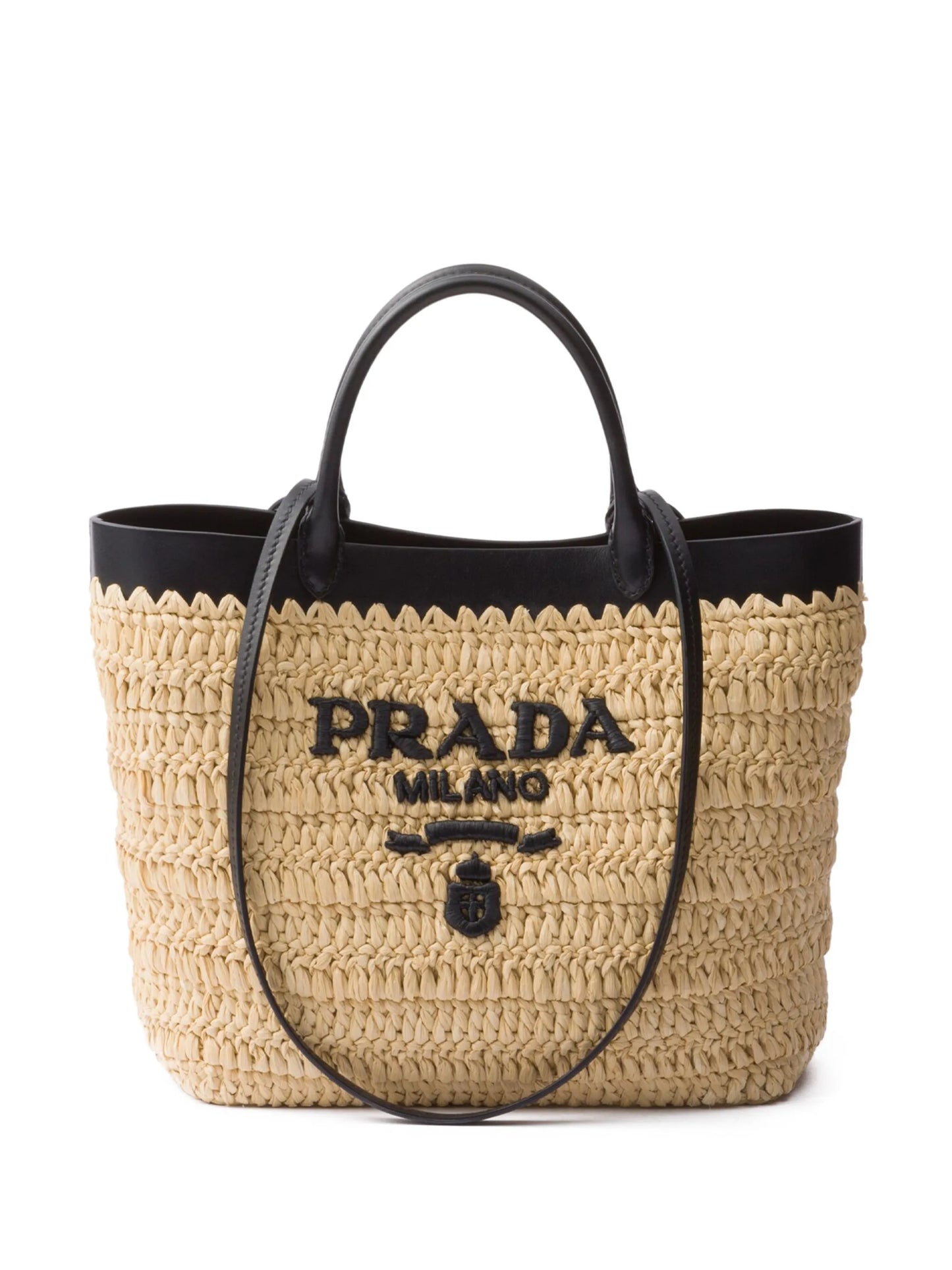 small leather-trimmed woven tote bag