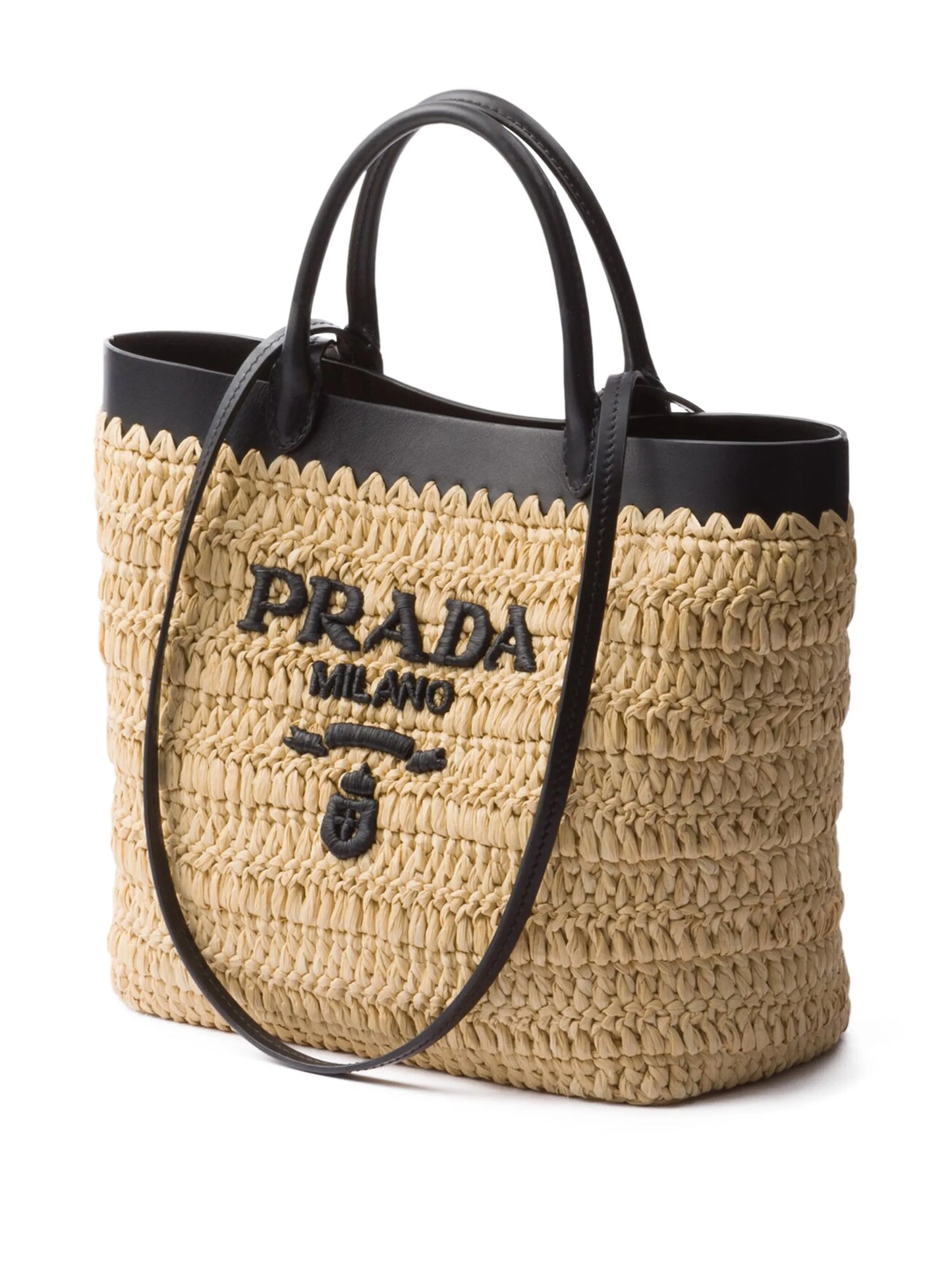 small leather-trimmed woven tote bag