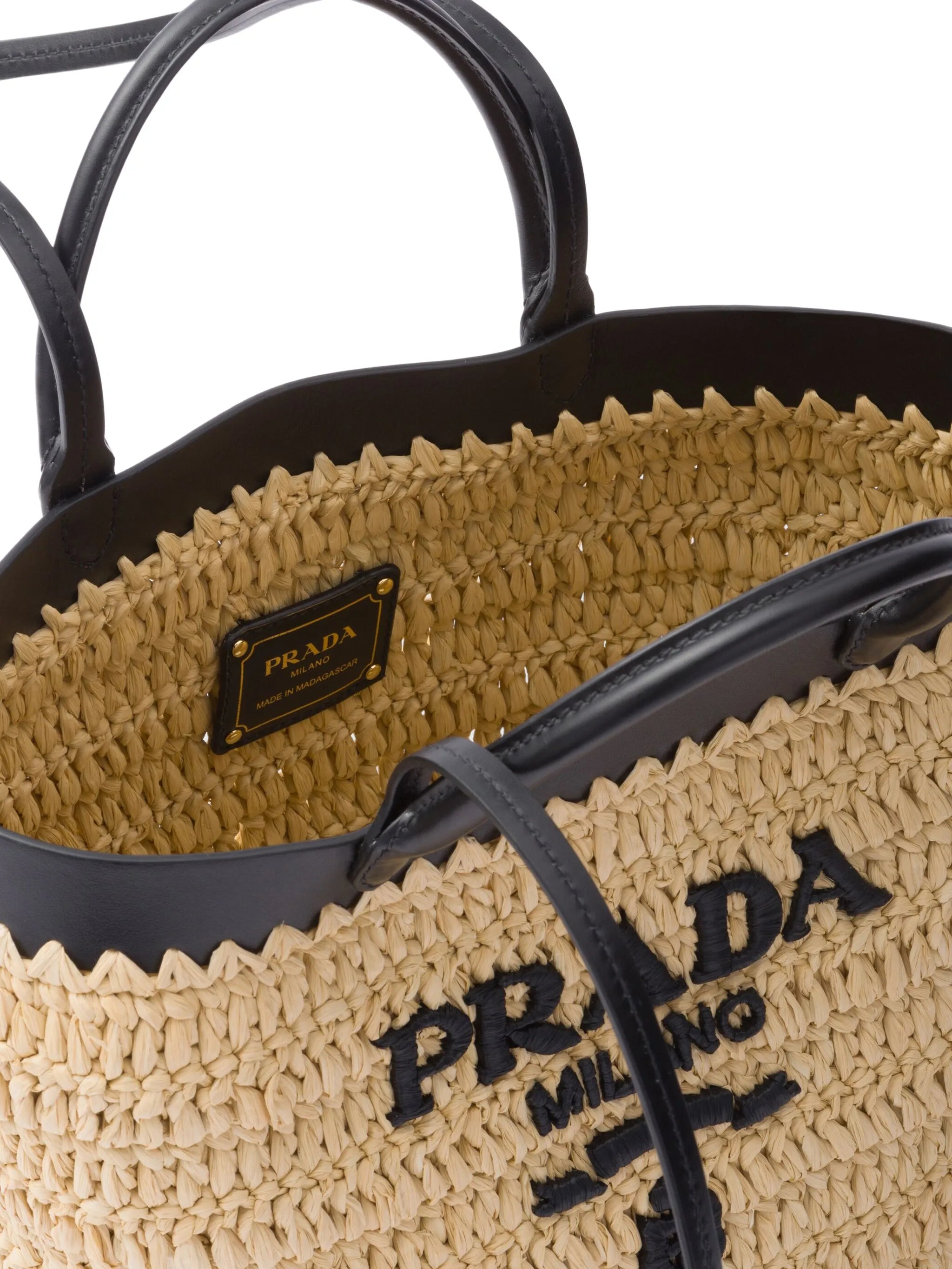 small leather-trimmed woven tote bag