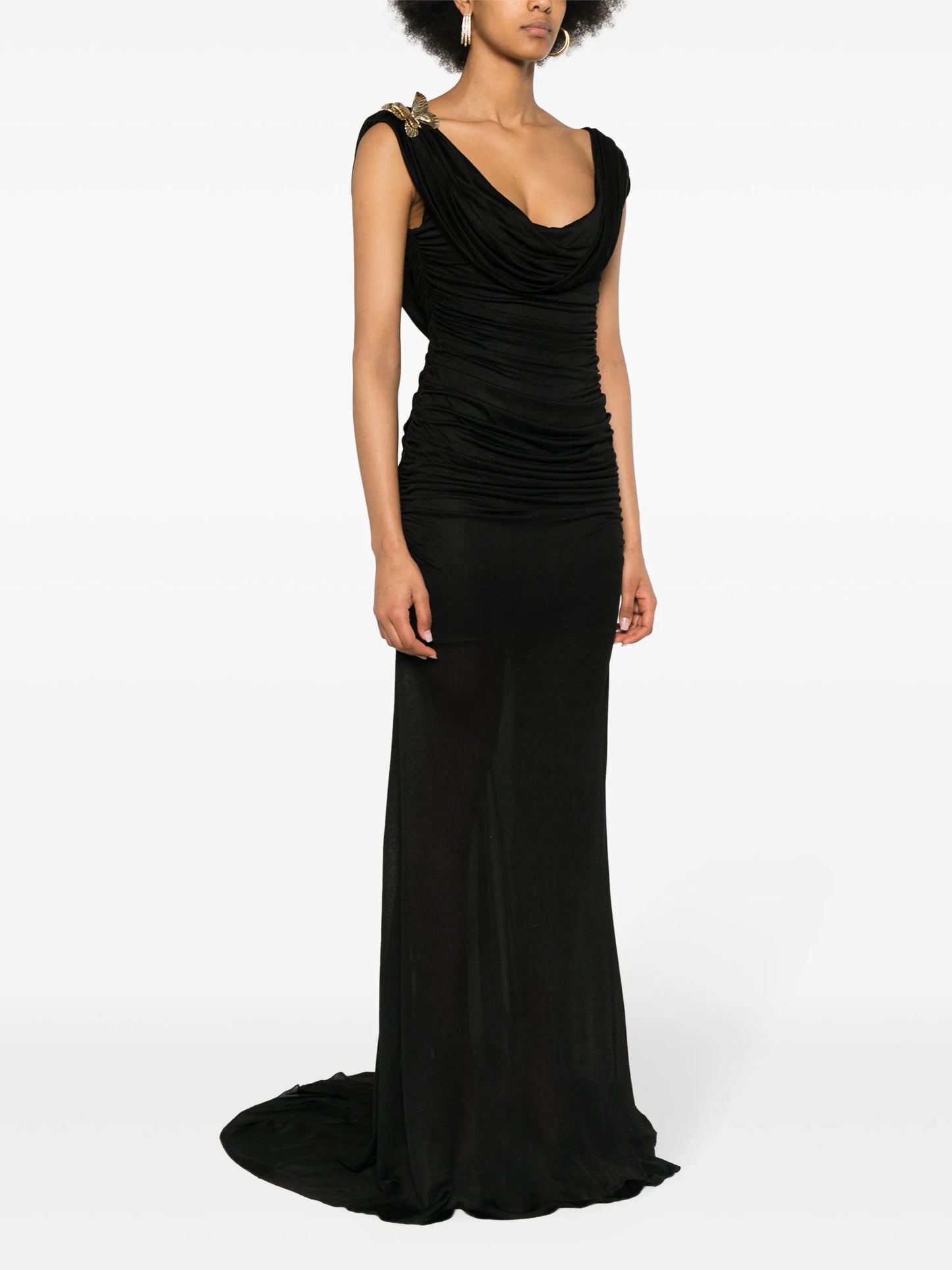 off-shoulder gathered maxi dress