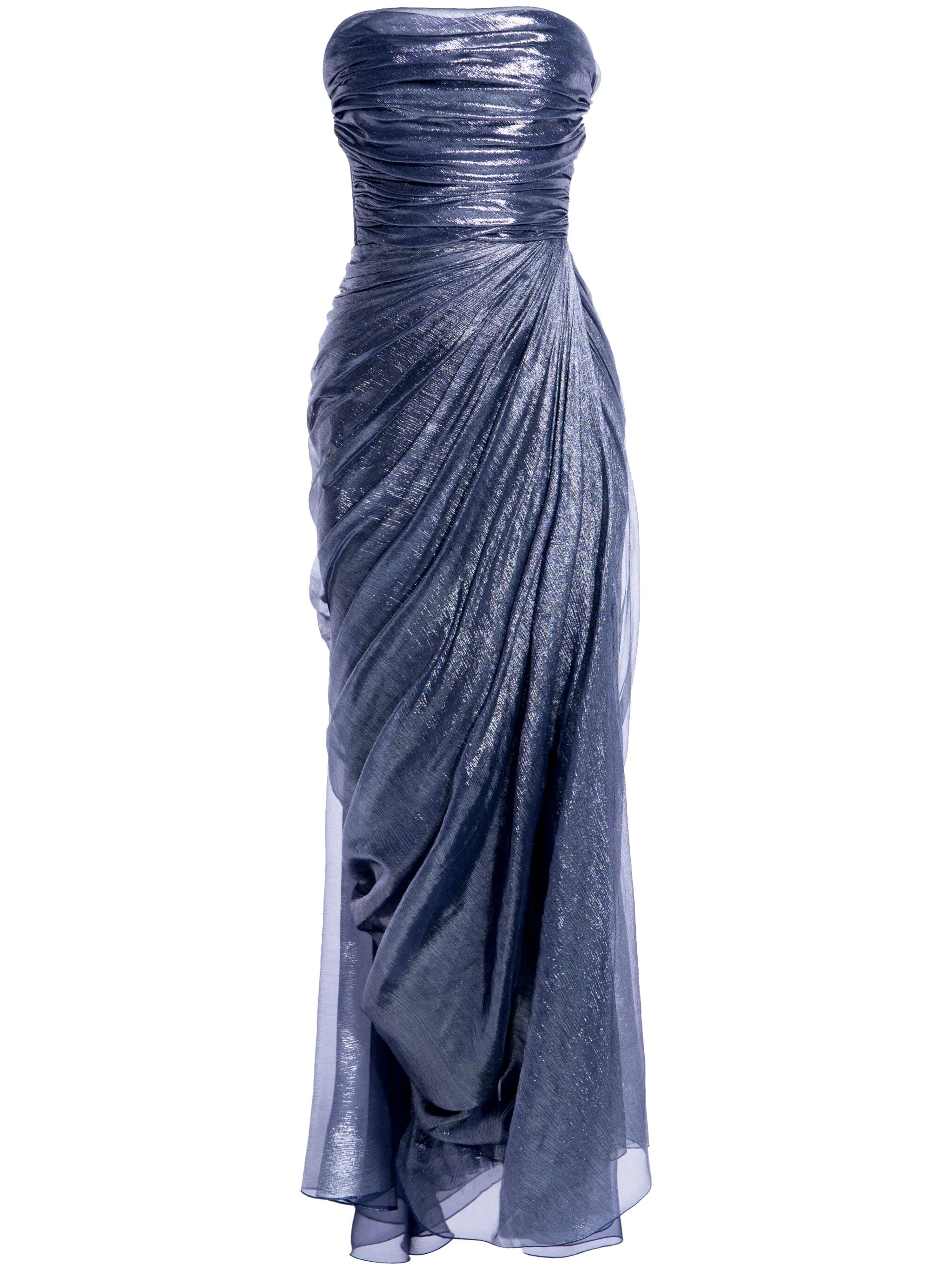 strapeless metallic gown