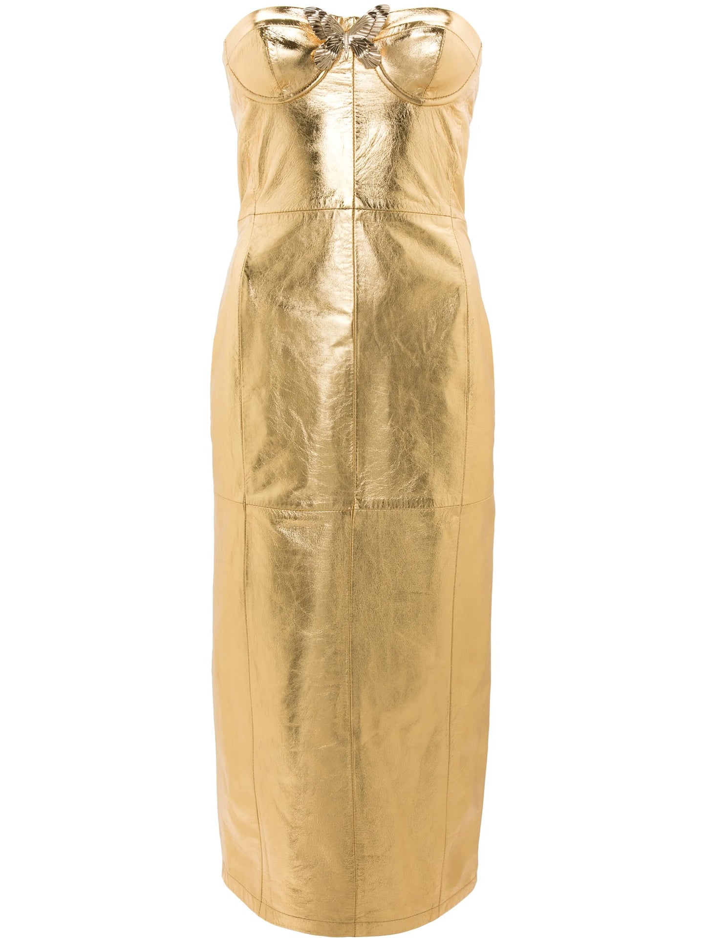 strapless leather midi dress