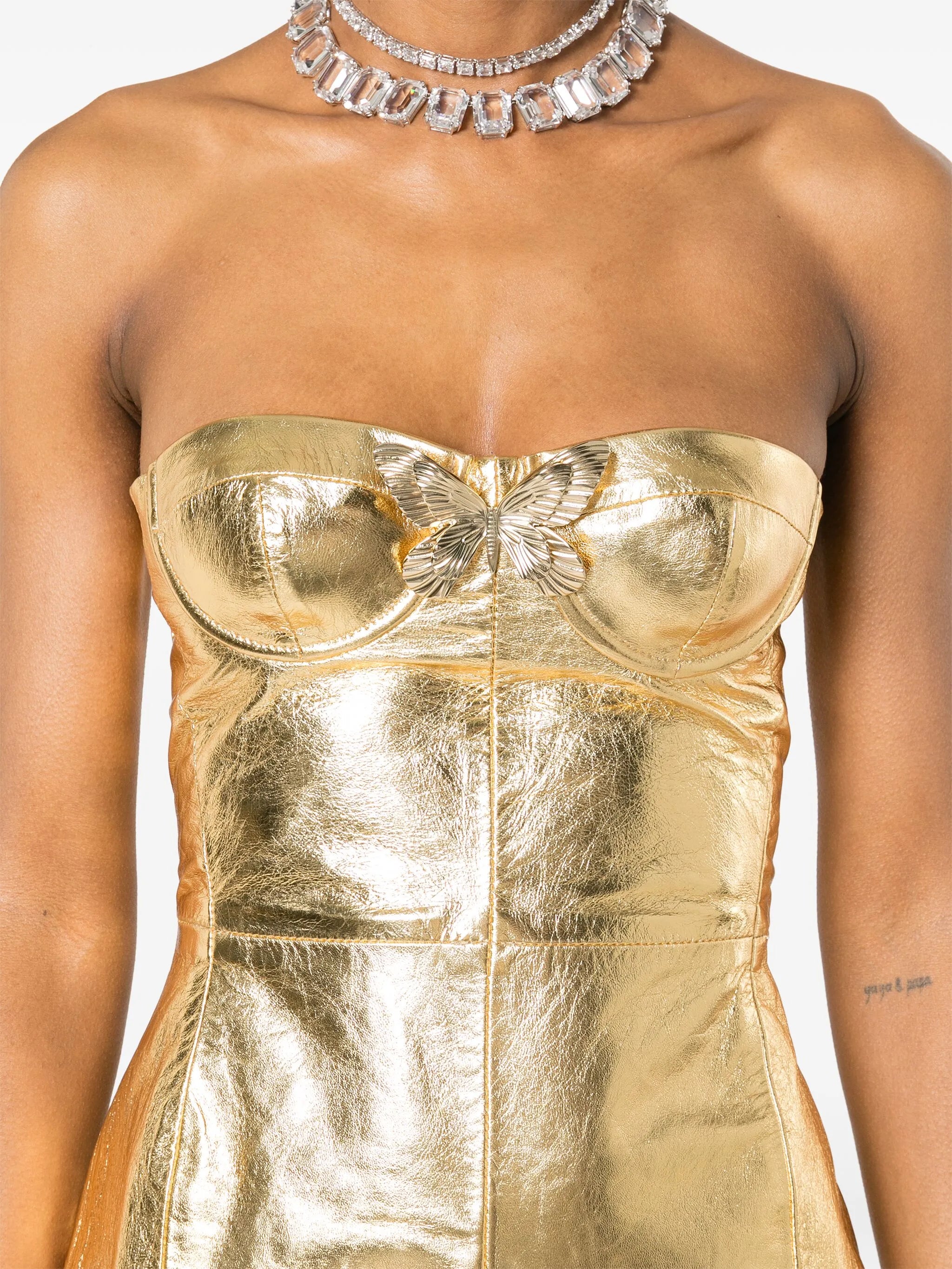 strapless leather midi dress