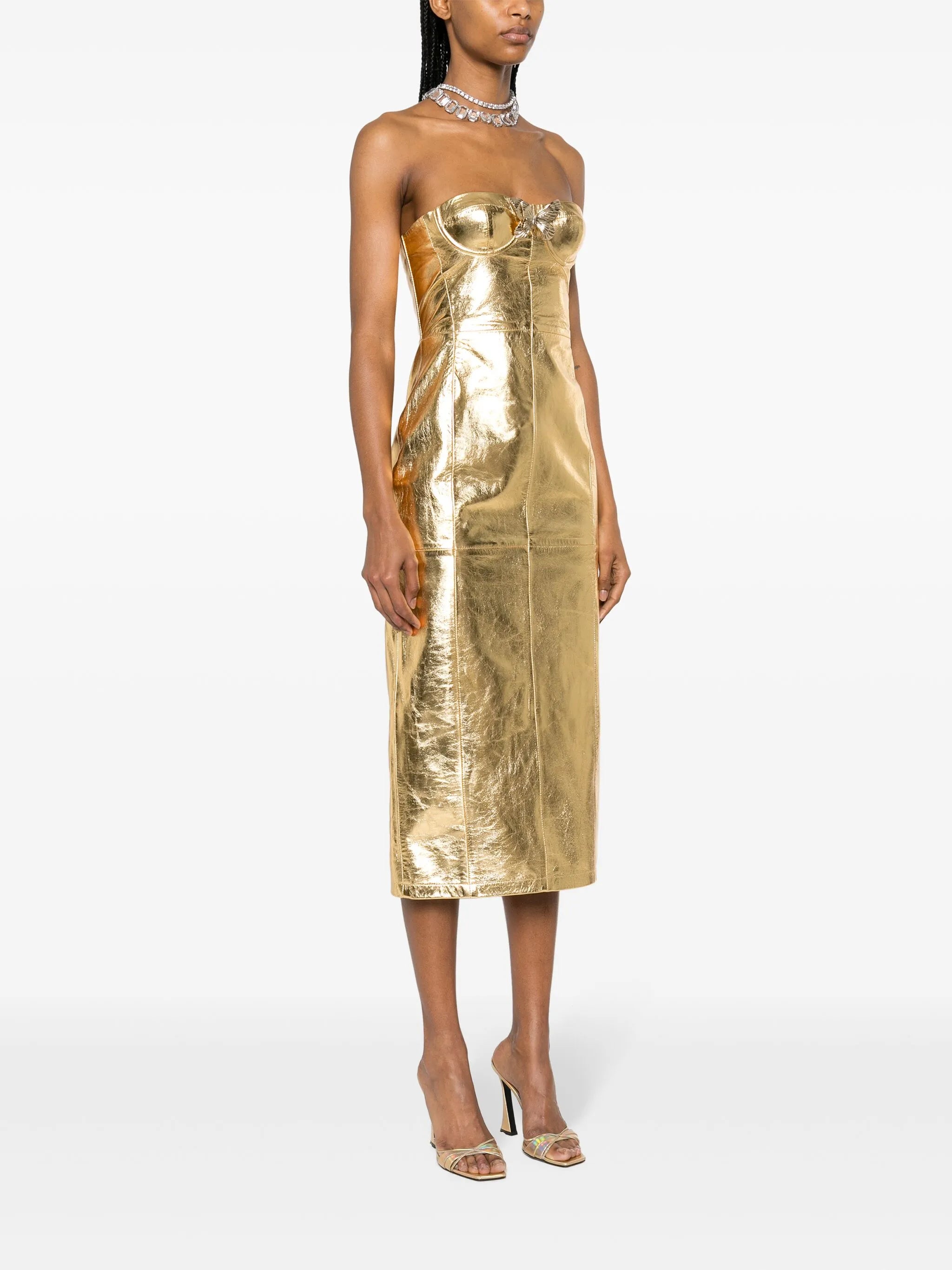 strapless leather midi dress