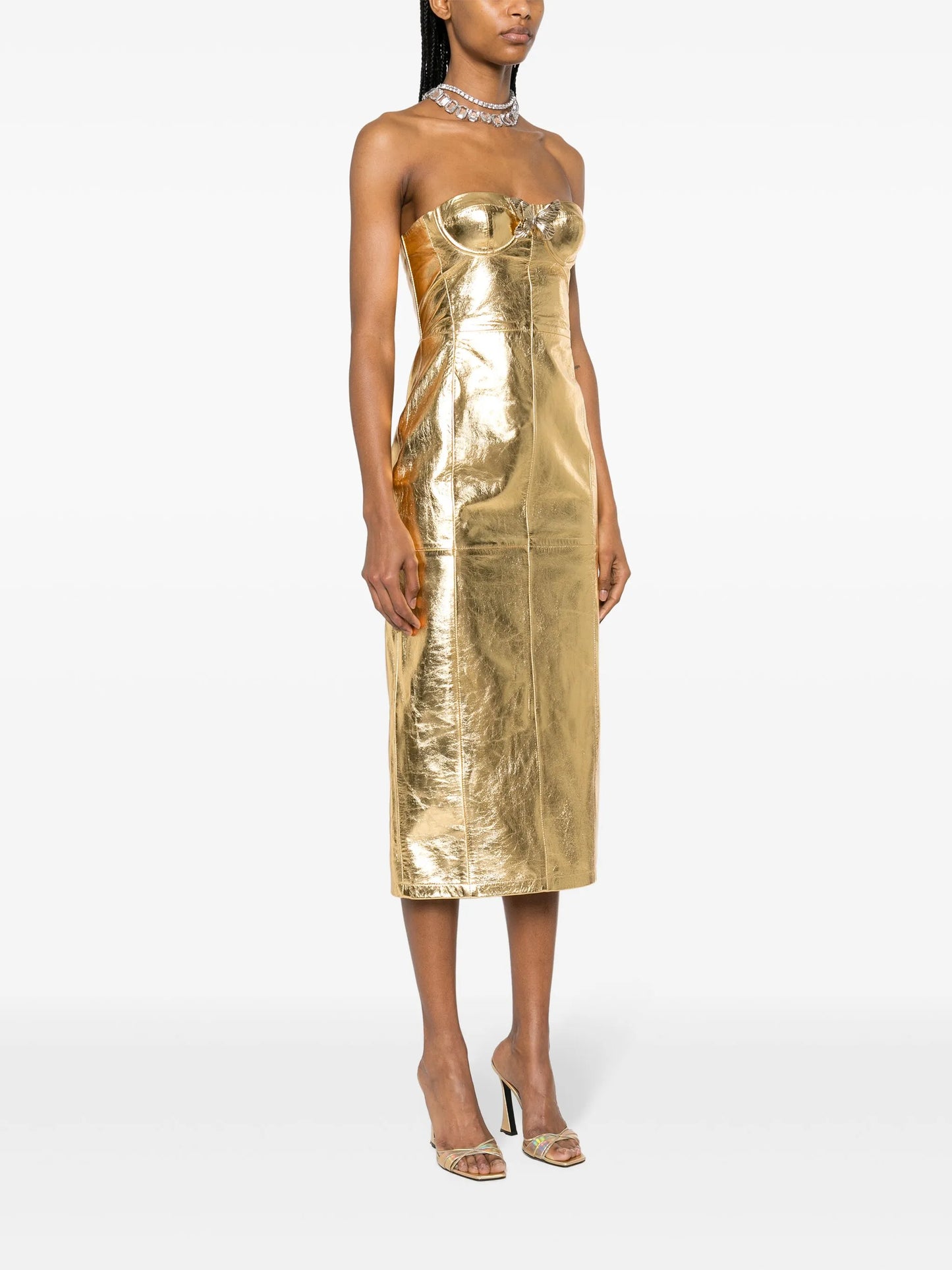 strapless leather midi dress
