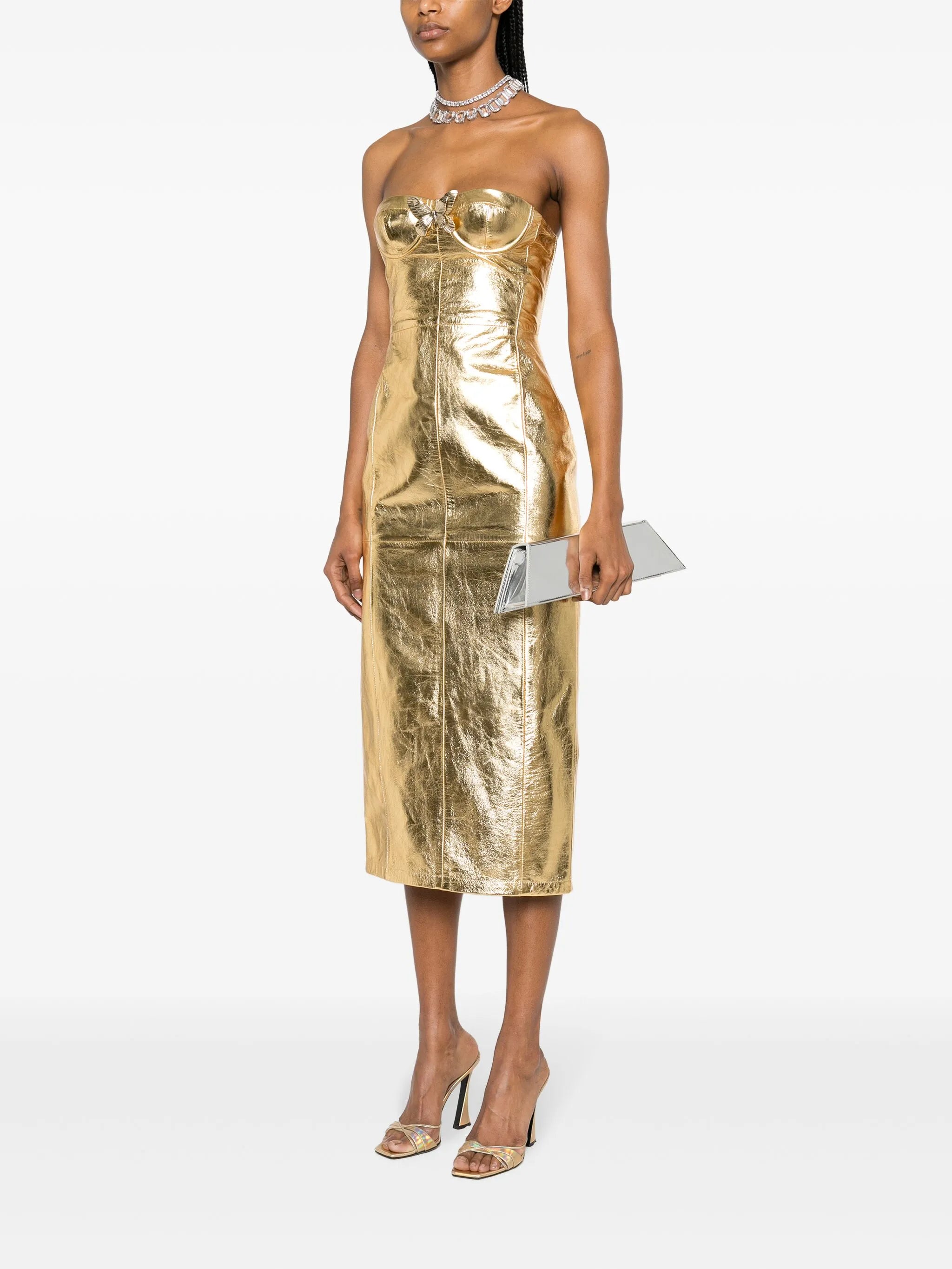 strapless leather midi dress