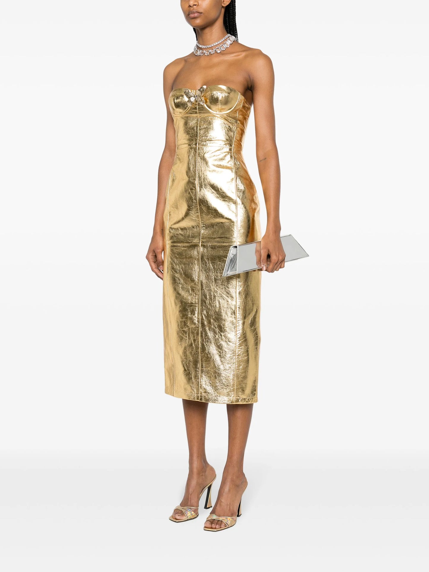 strapless leather midi dress