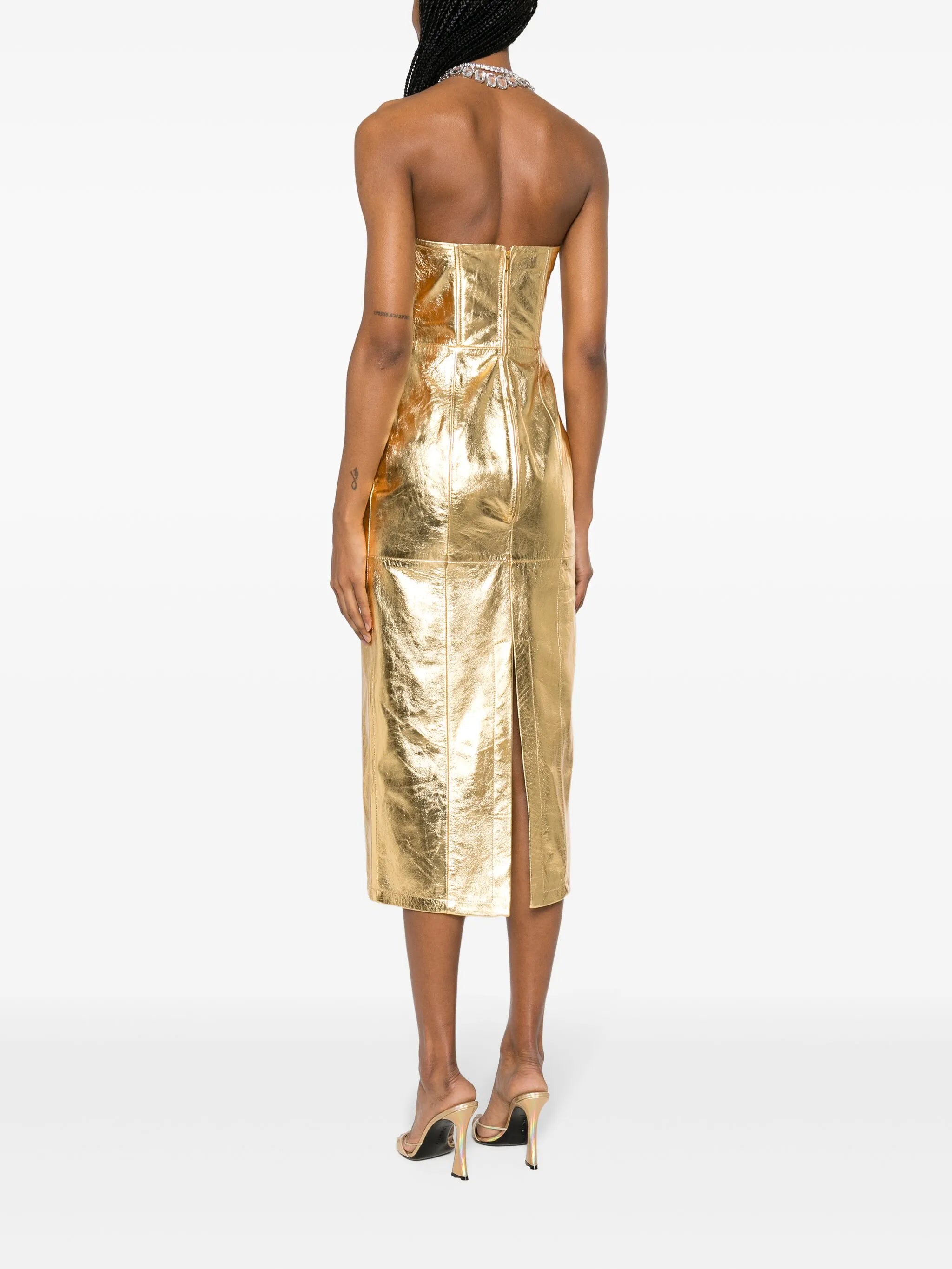 strapless leather midi dress