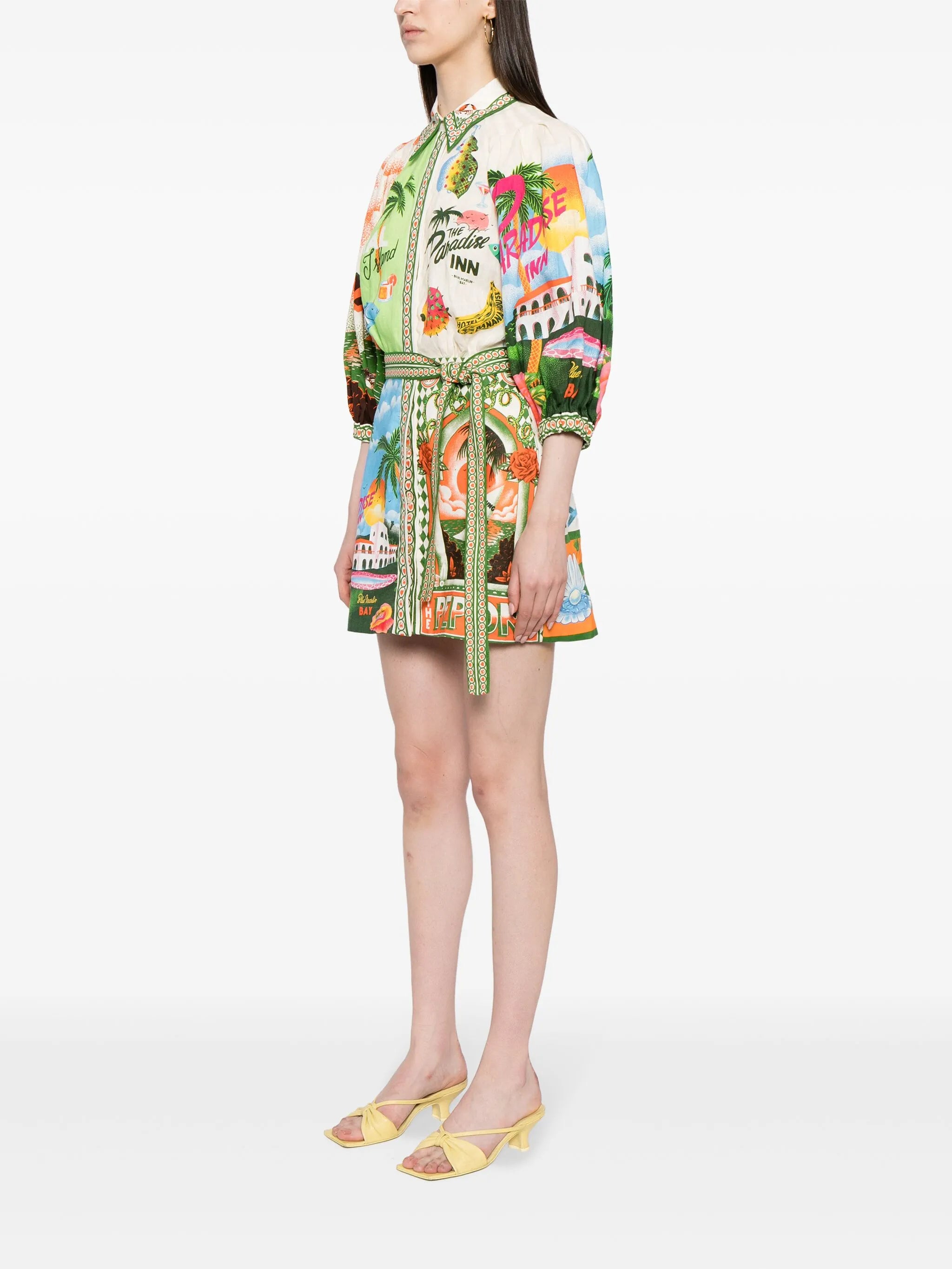 graphic-print belted shirt dress