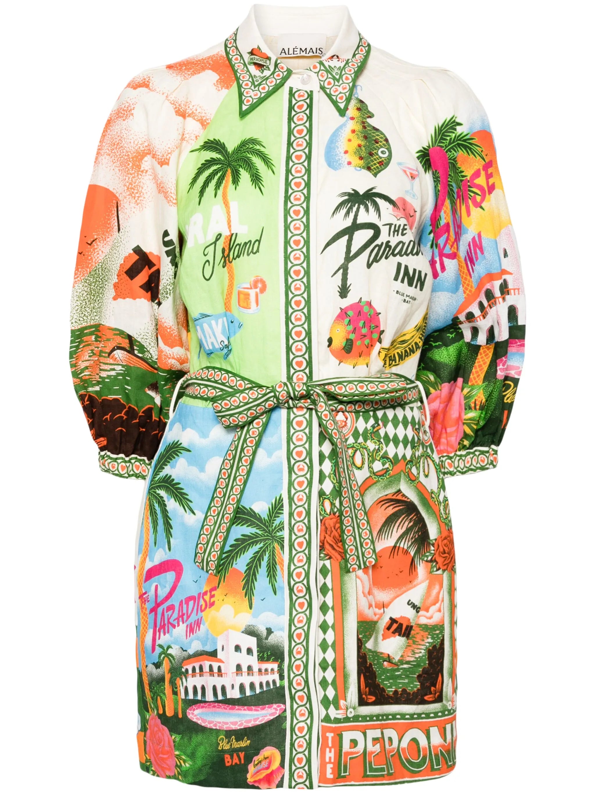 graphic-print belted shirt dress
