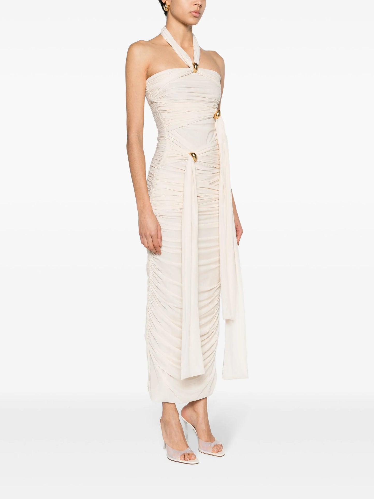 halterneck ruched maxi dress