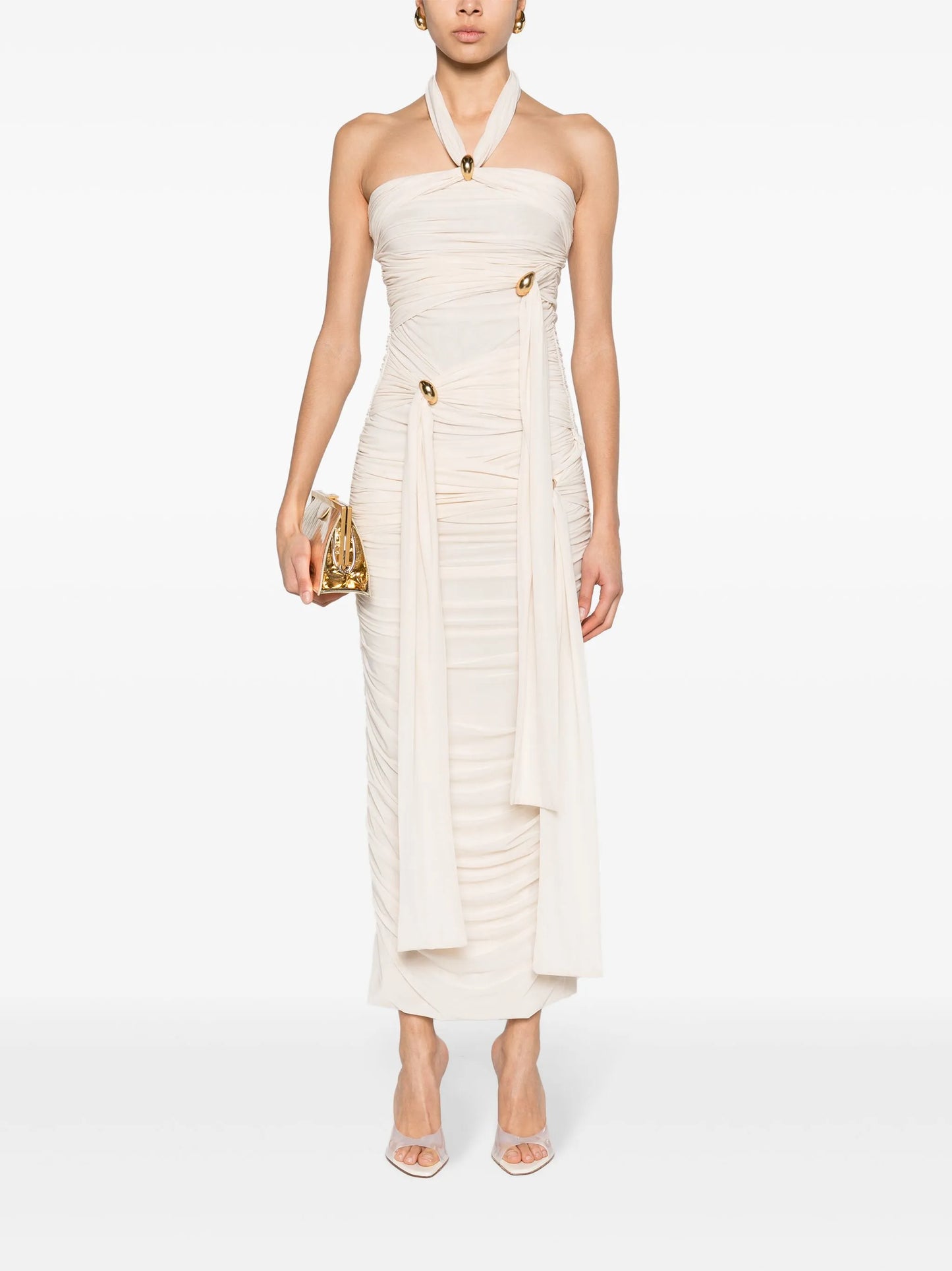 halterneck ruched maxi dress