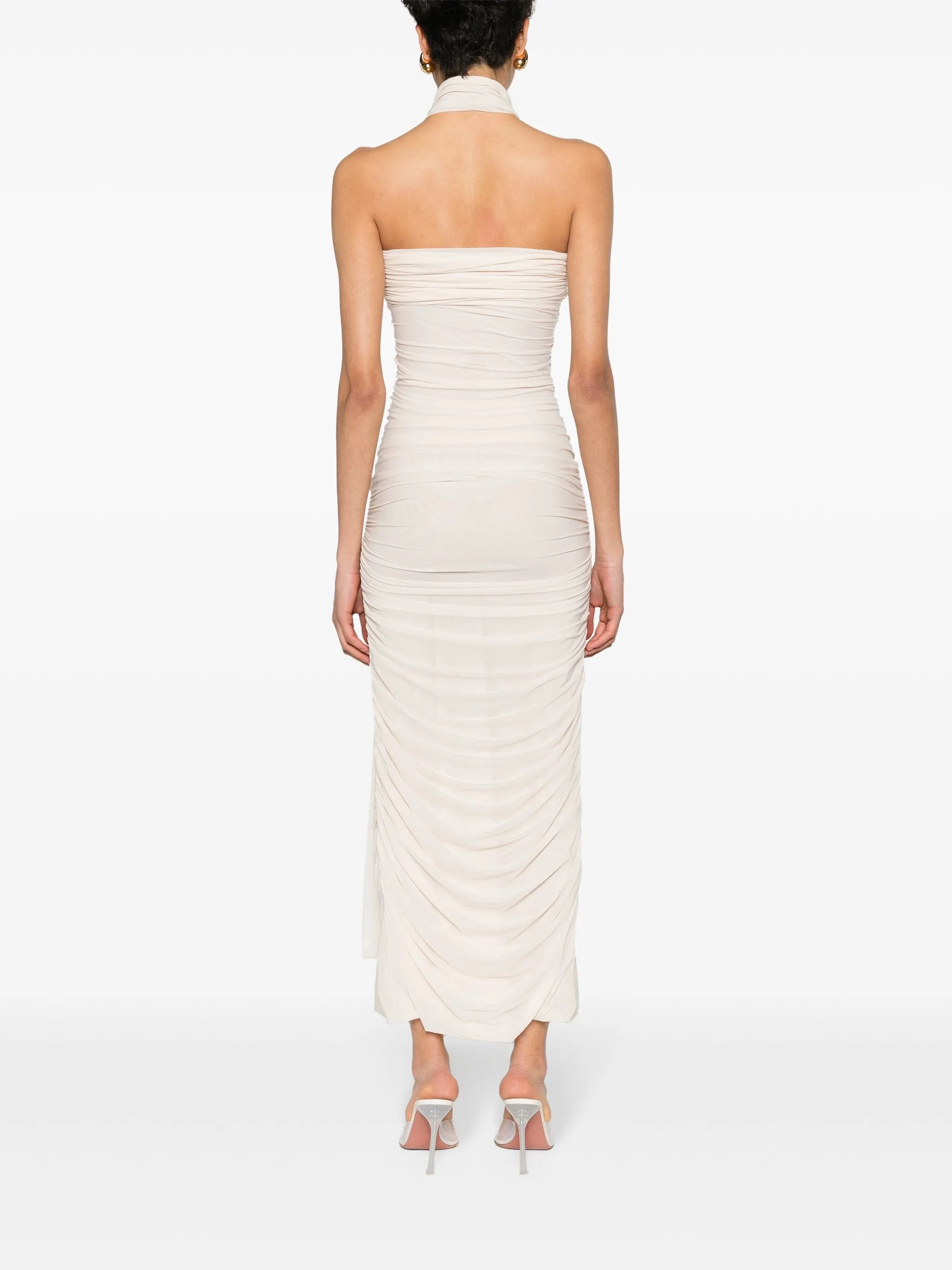 halterneck ruched maxi dress