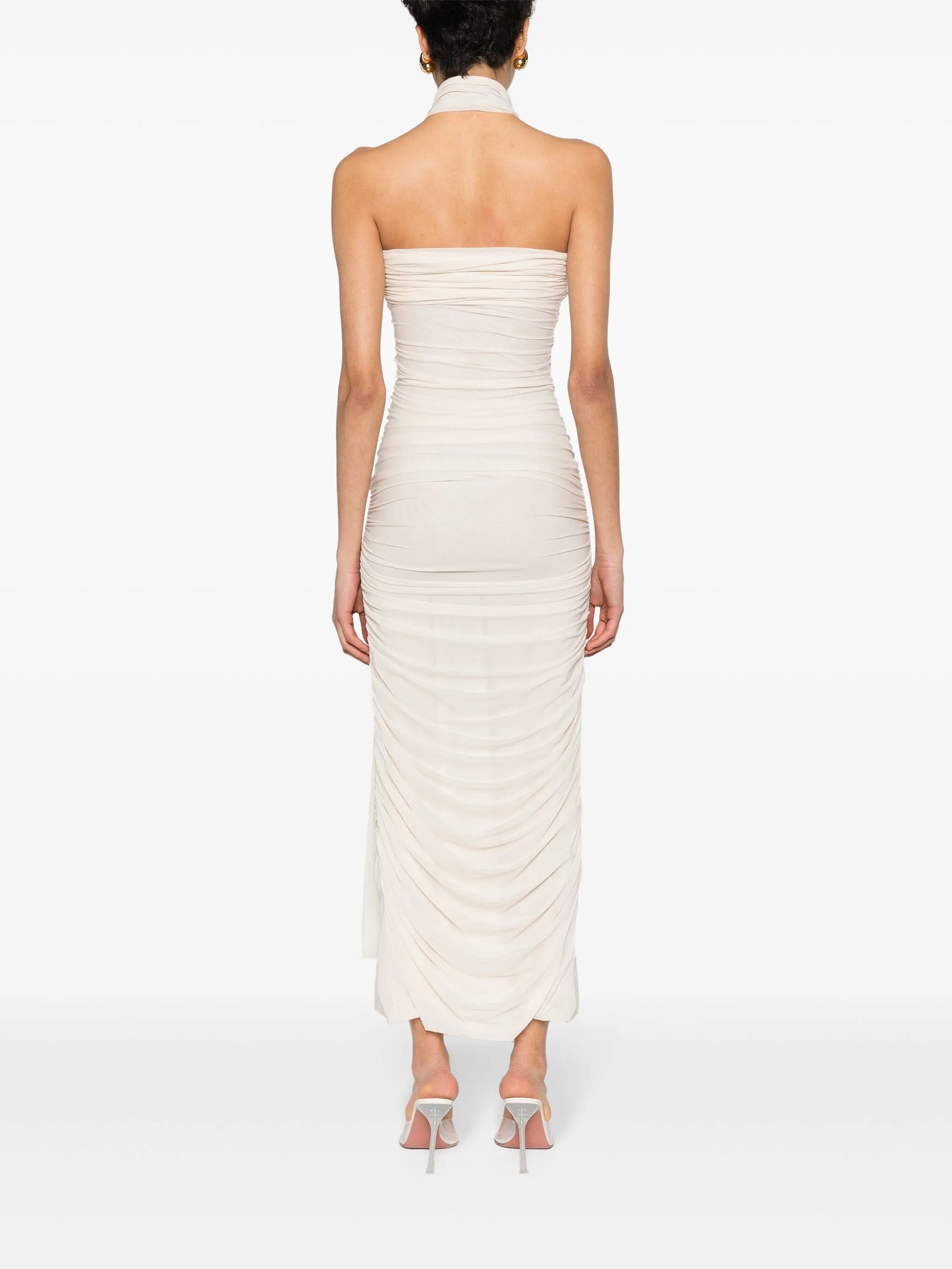 halterneck ruched maxi dress