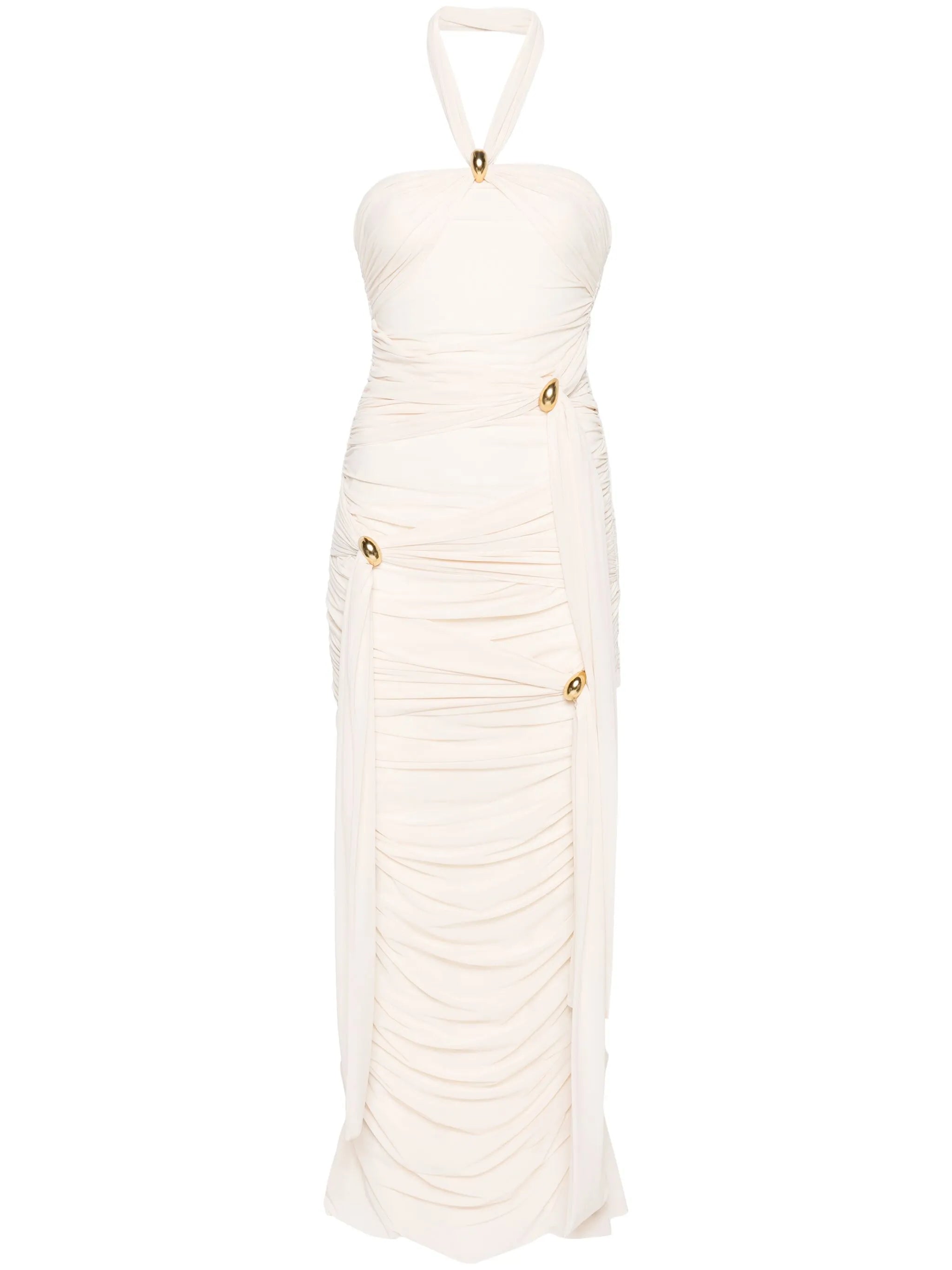 halterneck ruched maxi dress