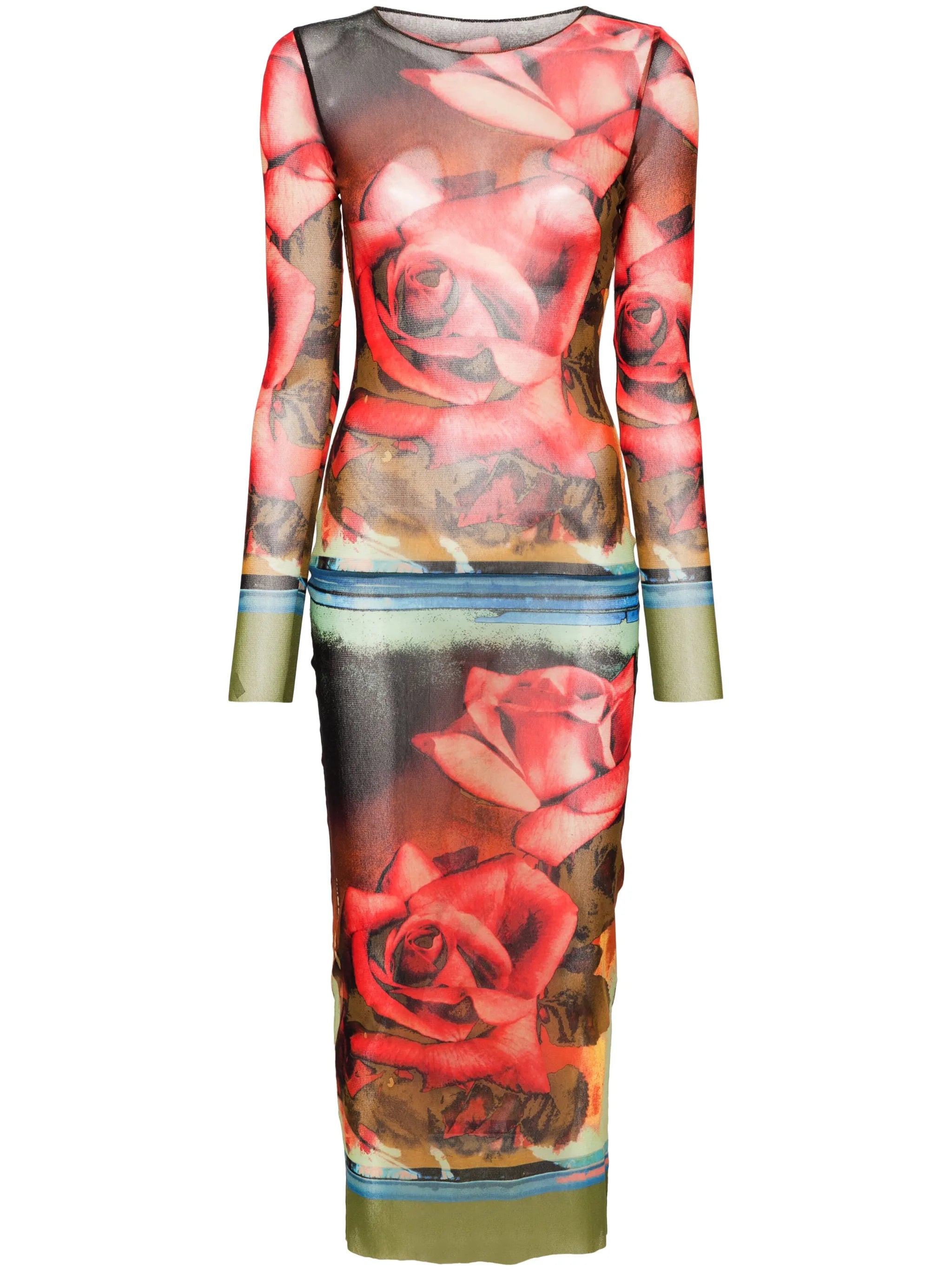 rose-print mesh midi dress