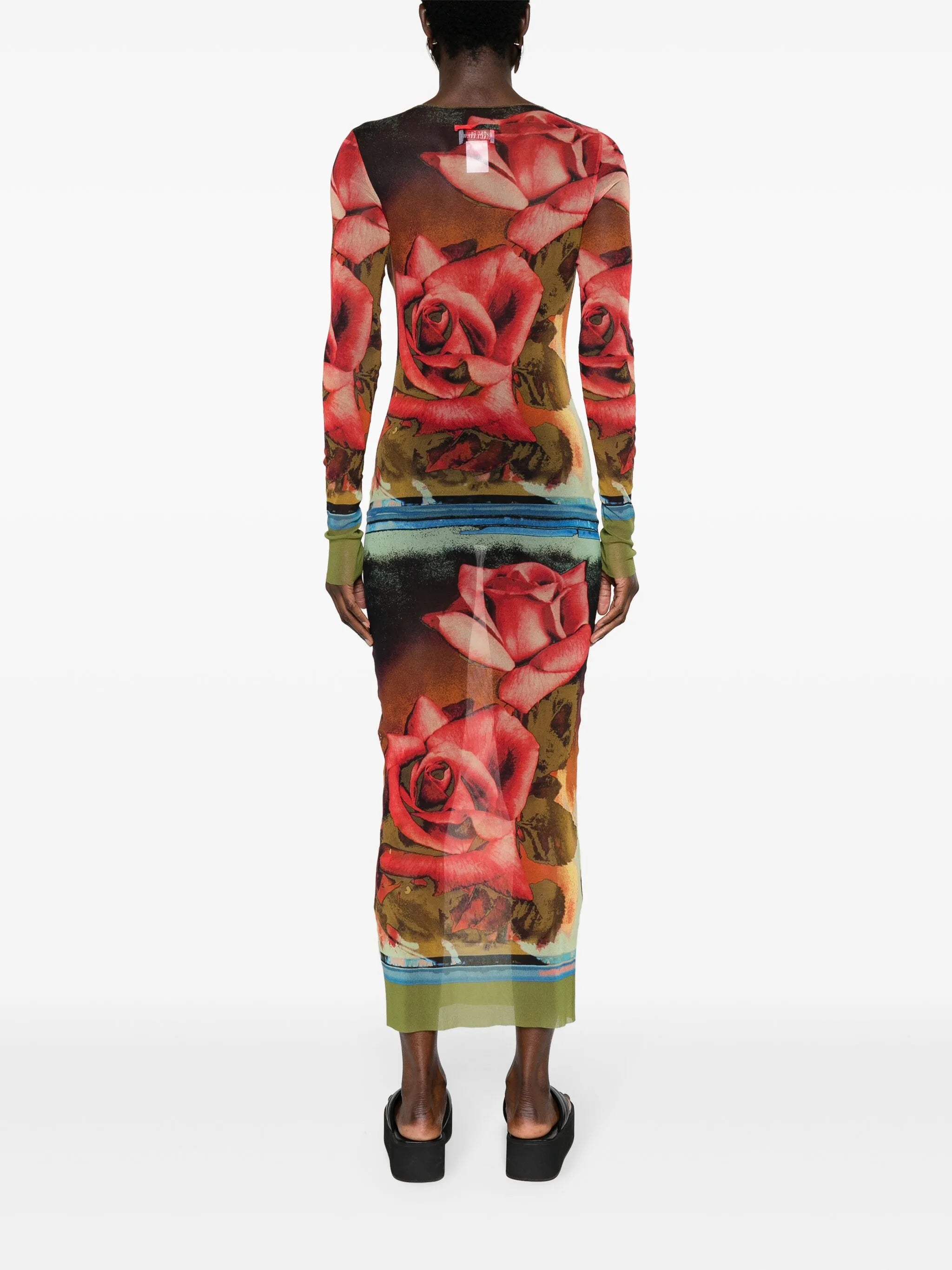 rose-print mesh midi dress
