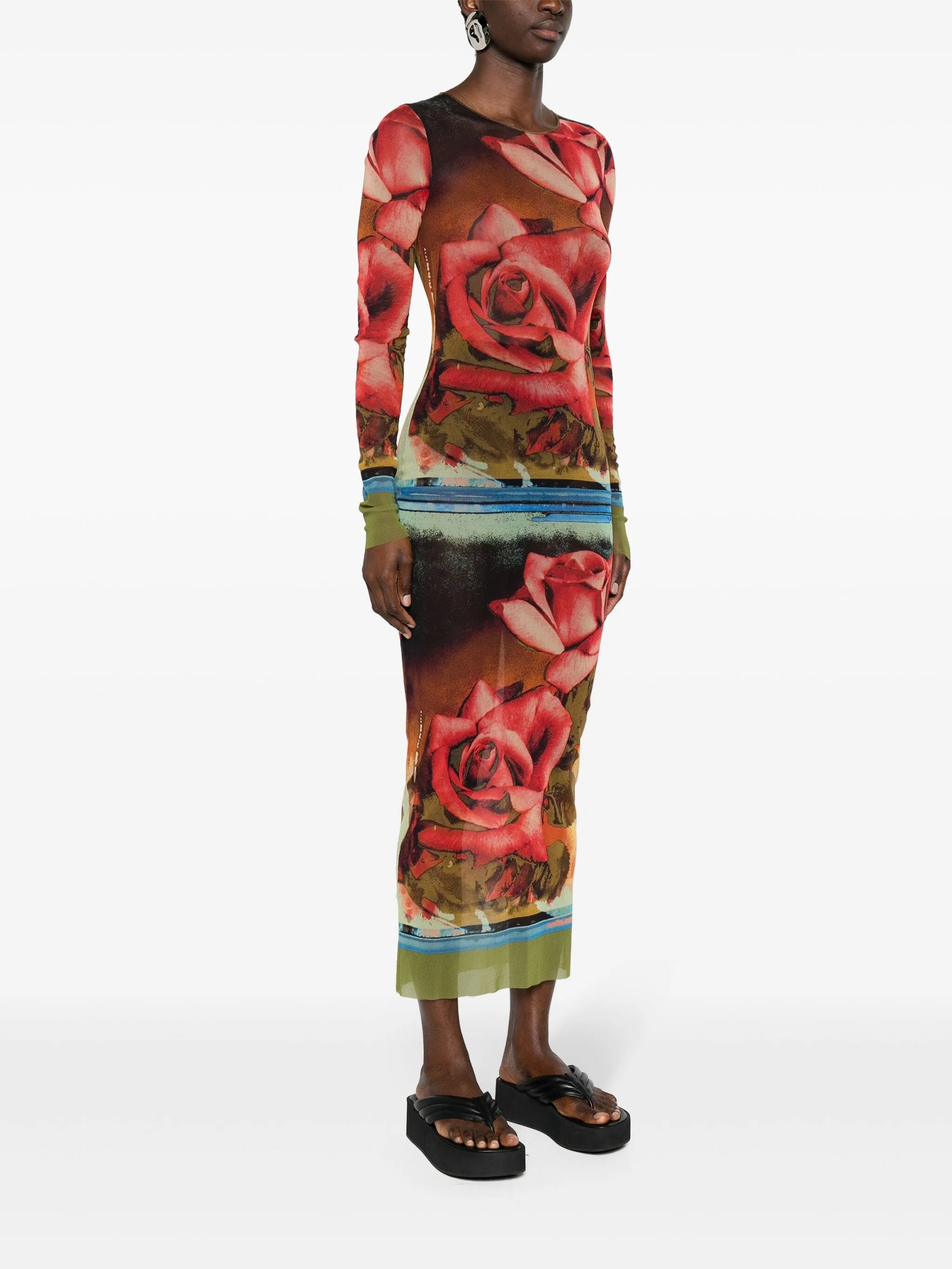rose-print mesh midi dress
