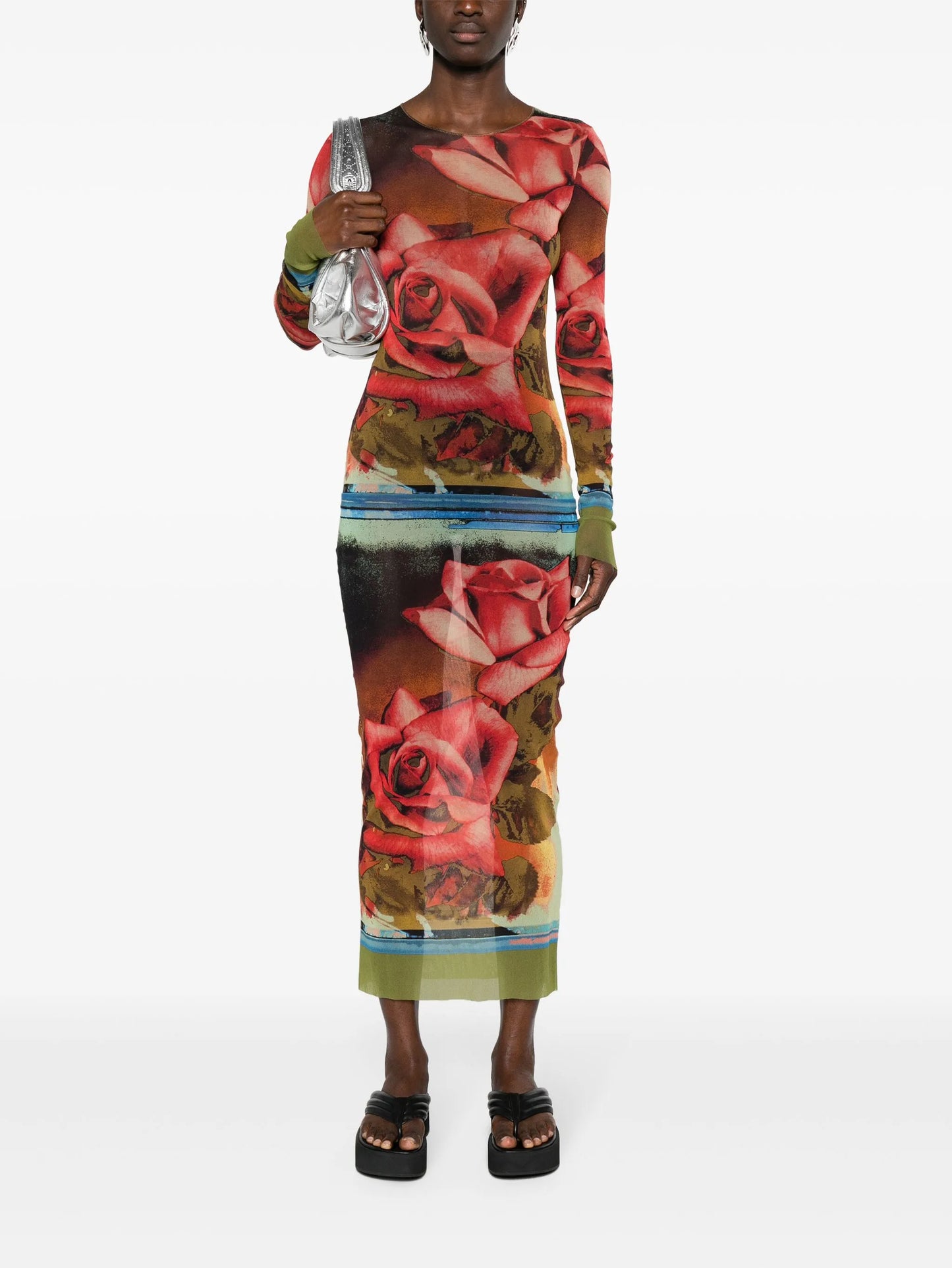 rose-print mesh midi dress