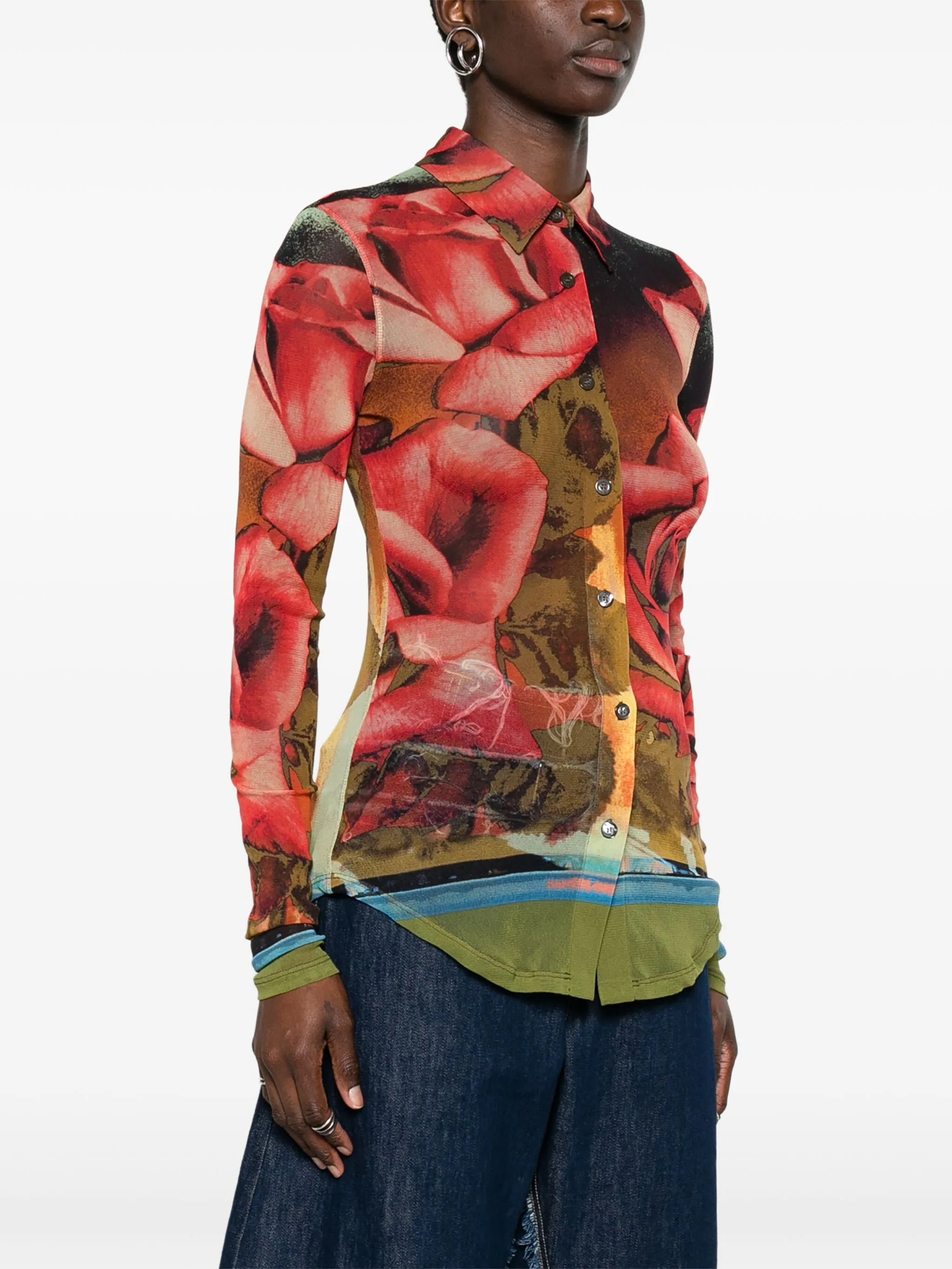 rose-print mesh shirt