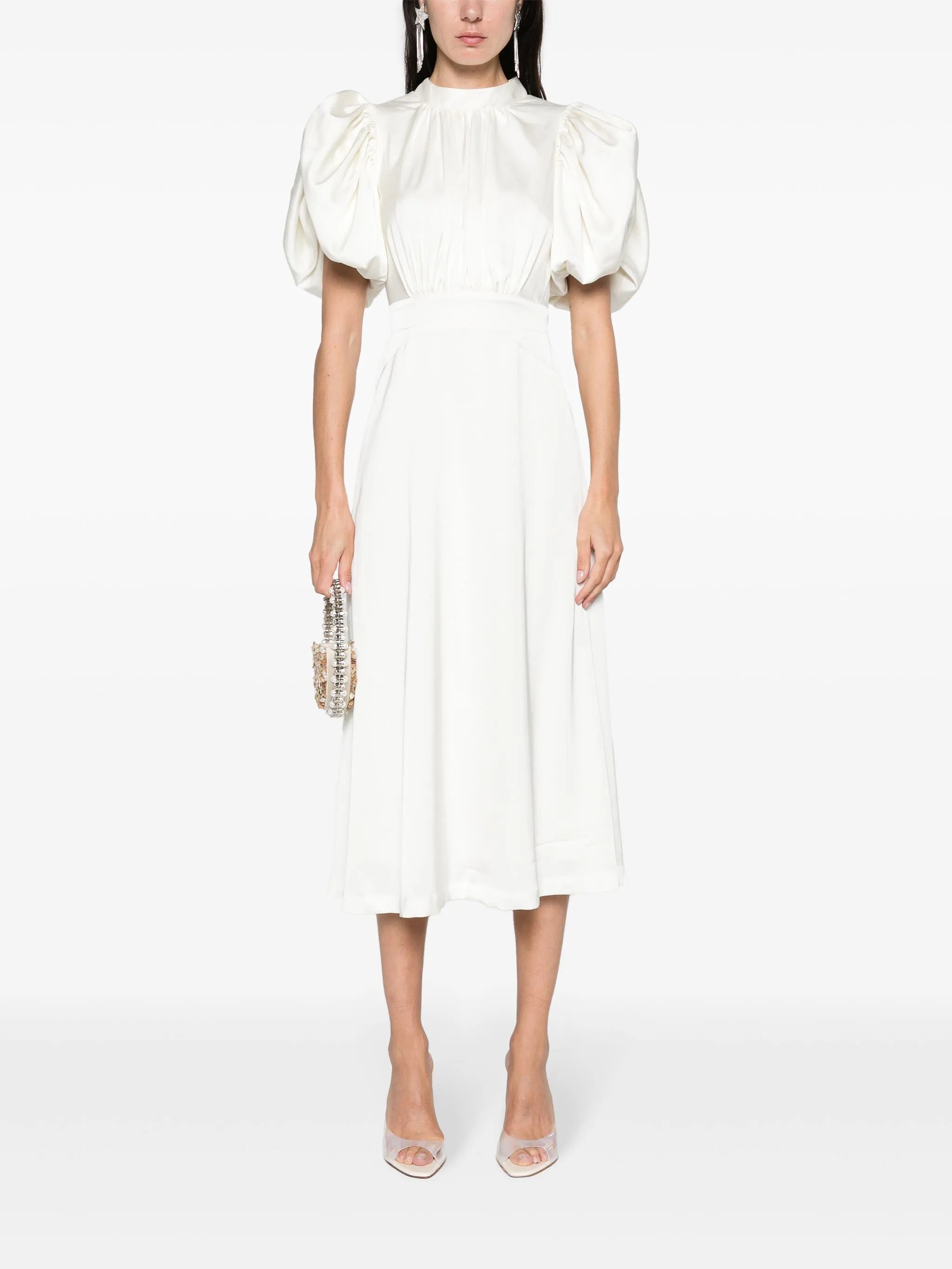 puff-sleeve satin midi dress