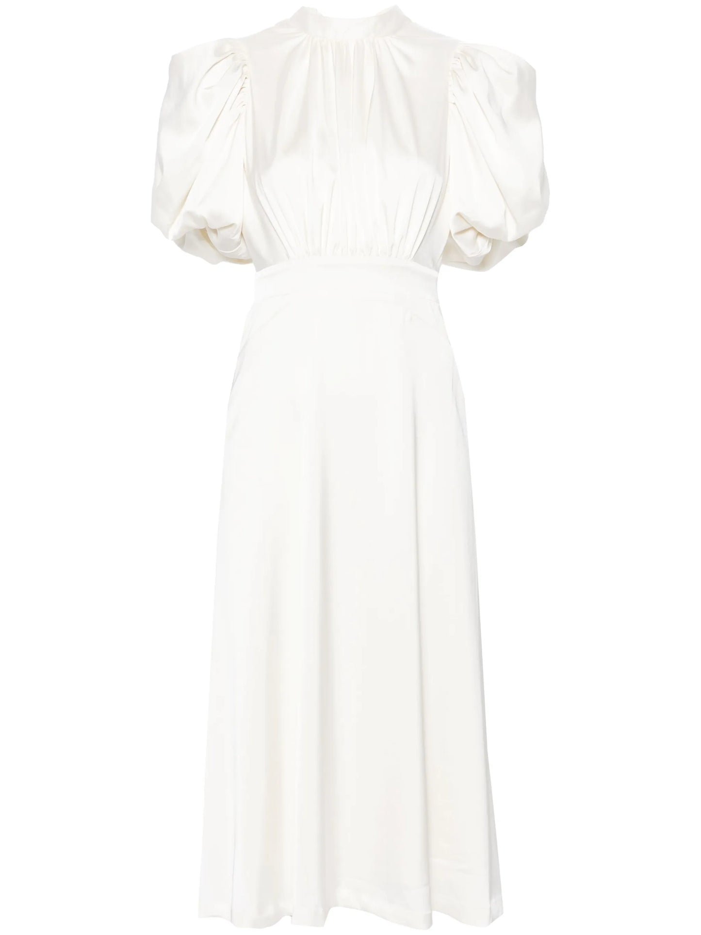 puff-sleeve satin midi dress