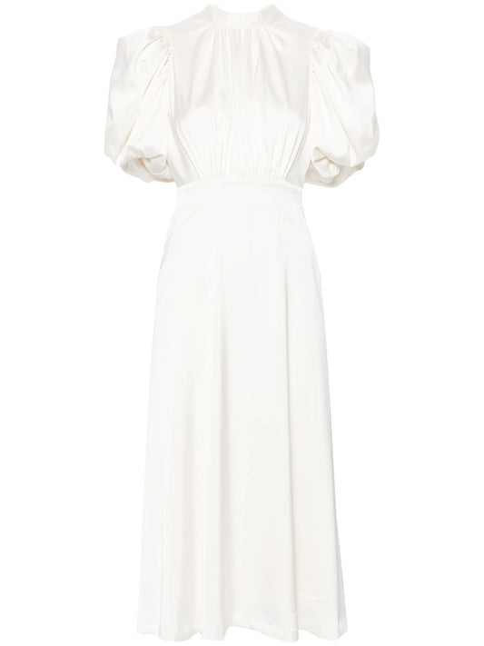 puff-sleeve satin midi dress