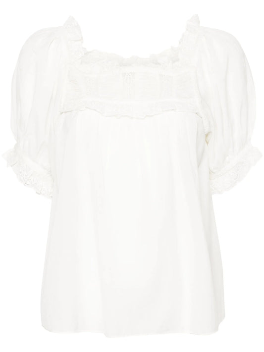 lace-detailed puff-sleeve blouse