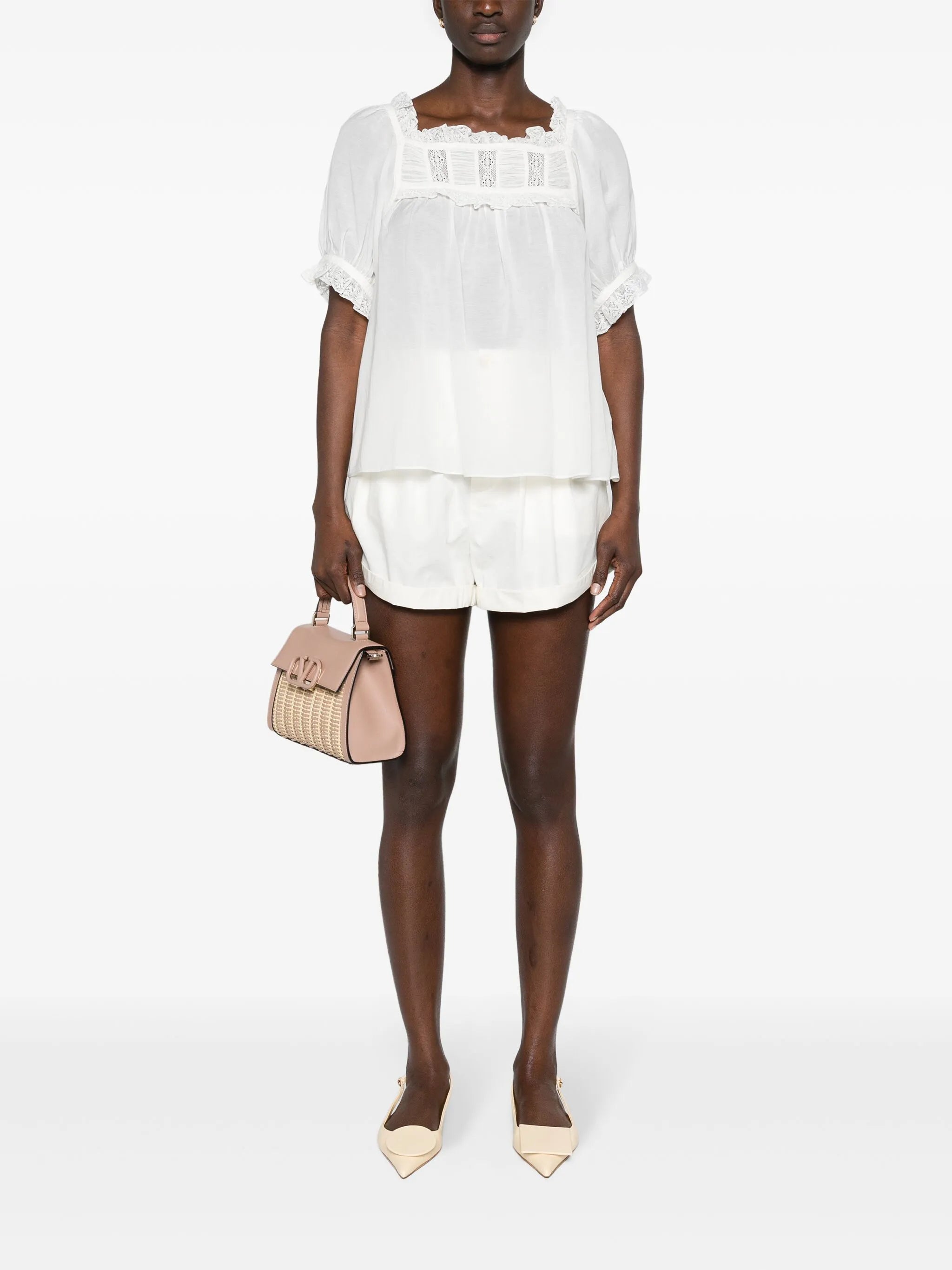 lace-detailed puff-sleeve blouse