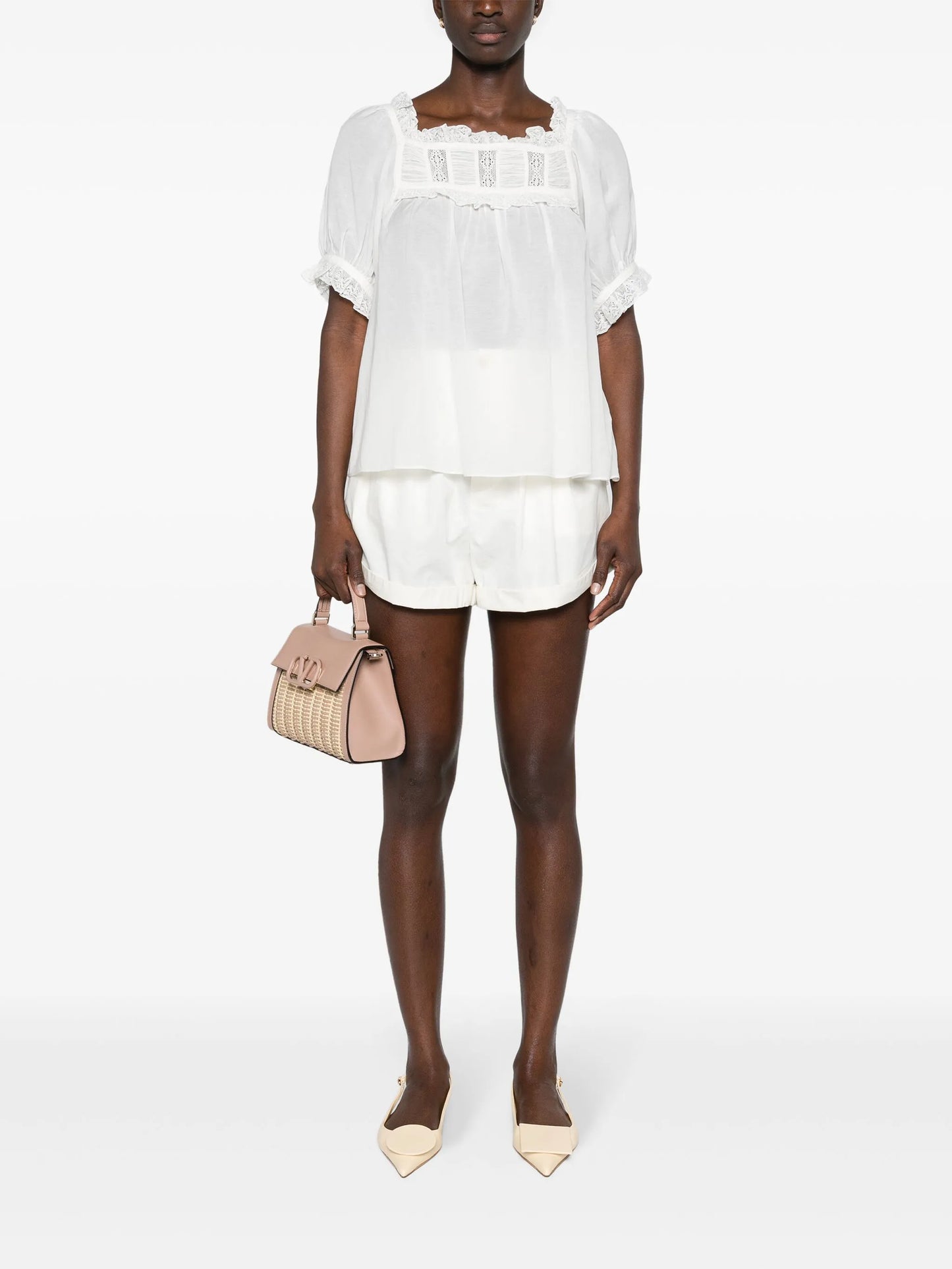 lace-detailed puff-sleeve blouse