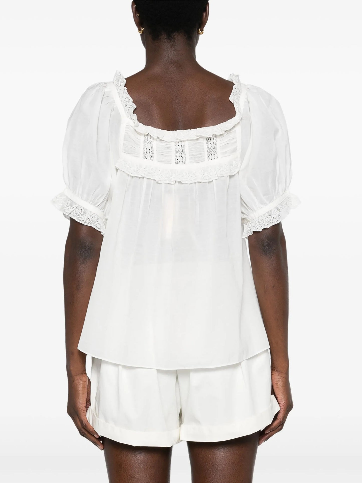 lace-detailed puff-sleeve blouse