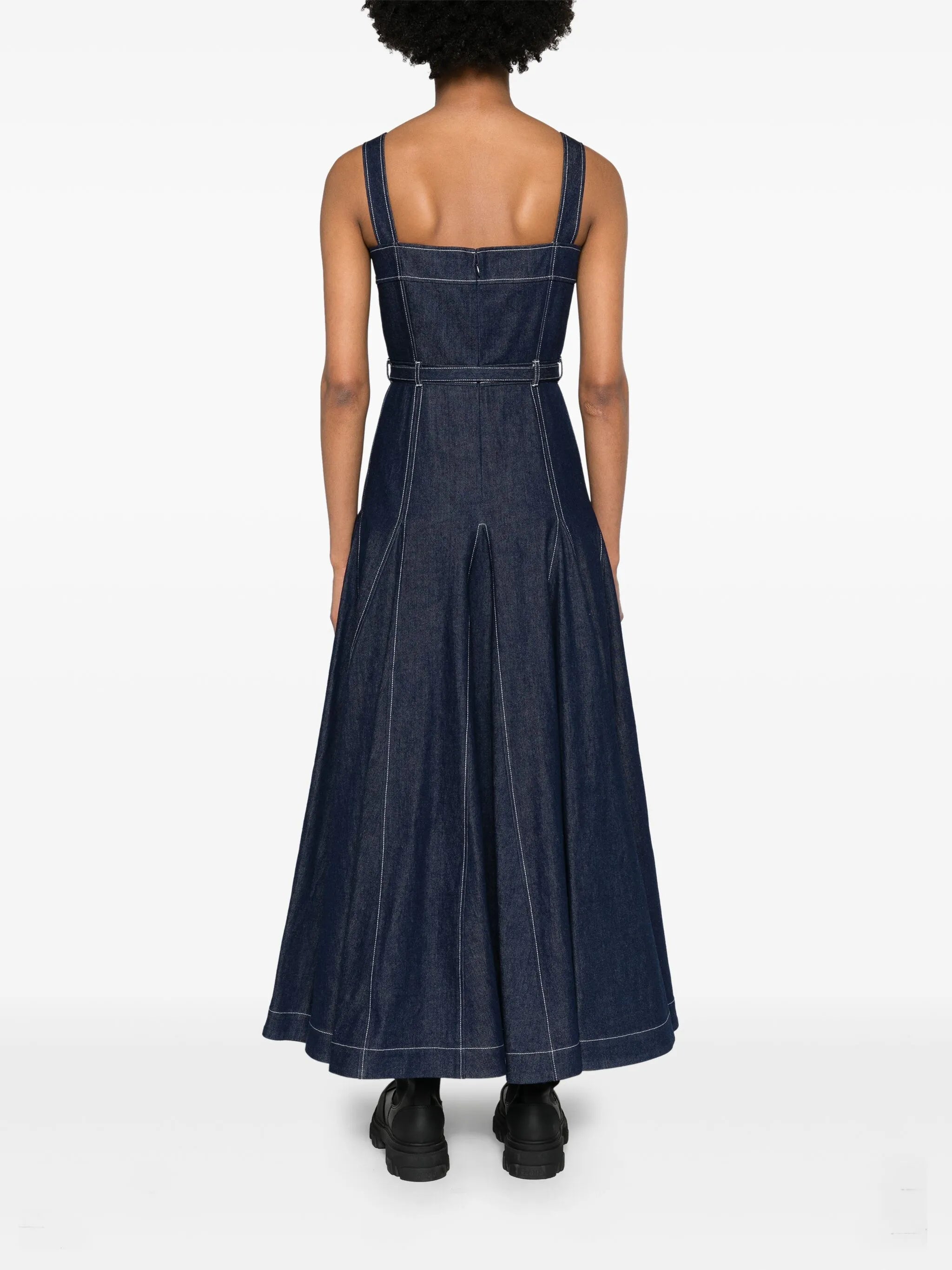 belted denim midi dress