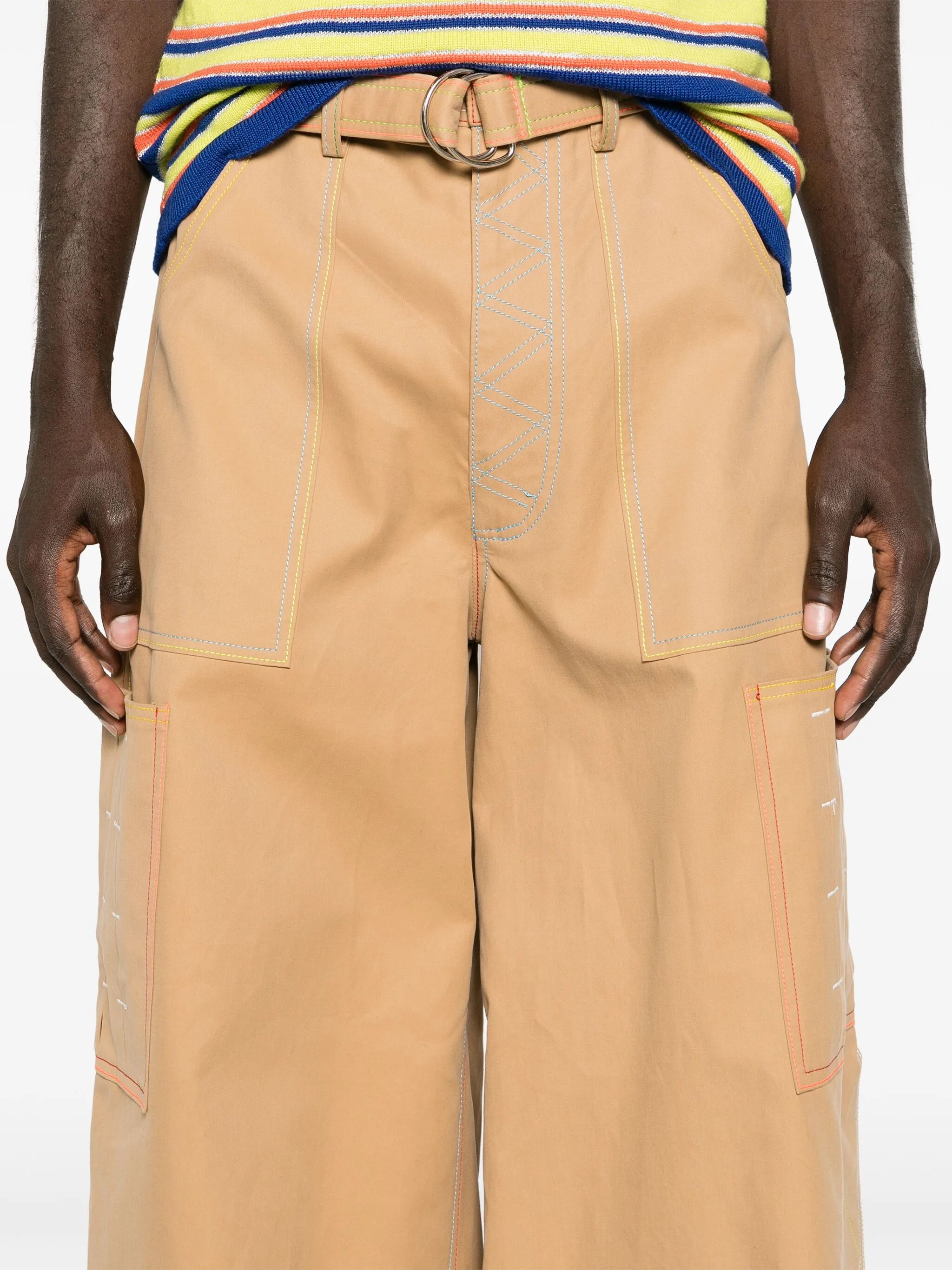 contrast-stitching belted cargo trousers