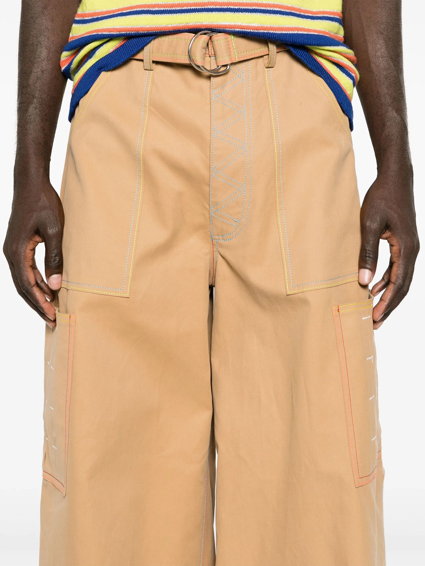 contrast-stitching belted cargo trousers