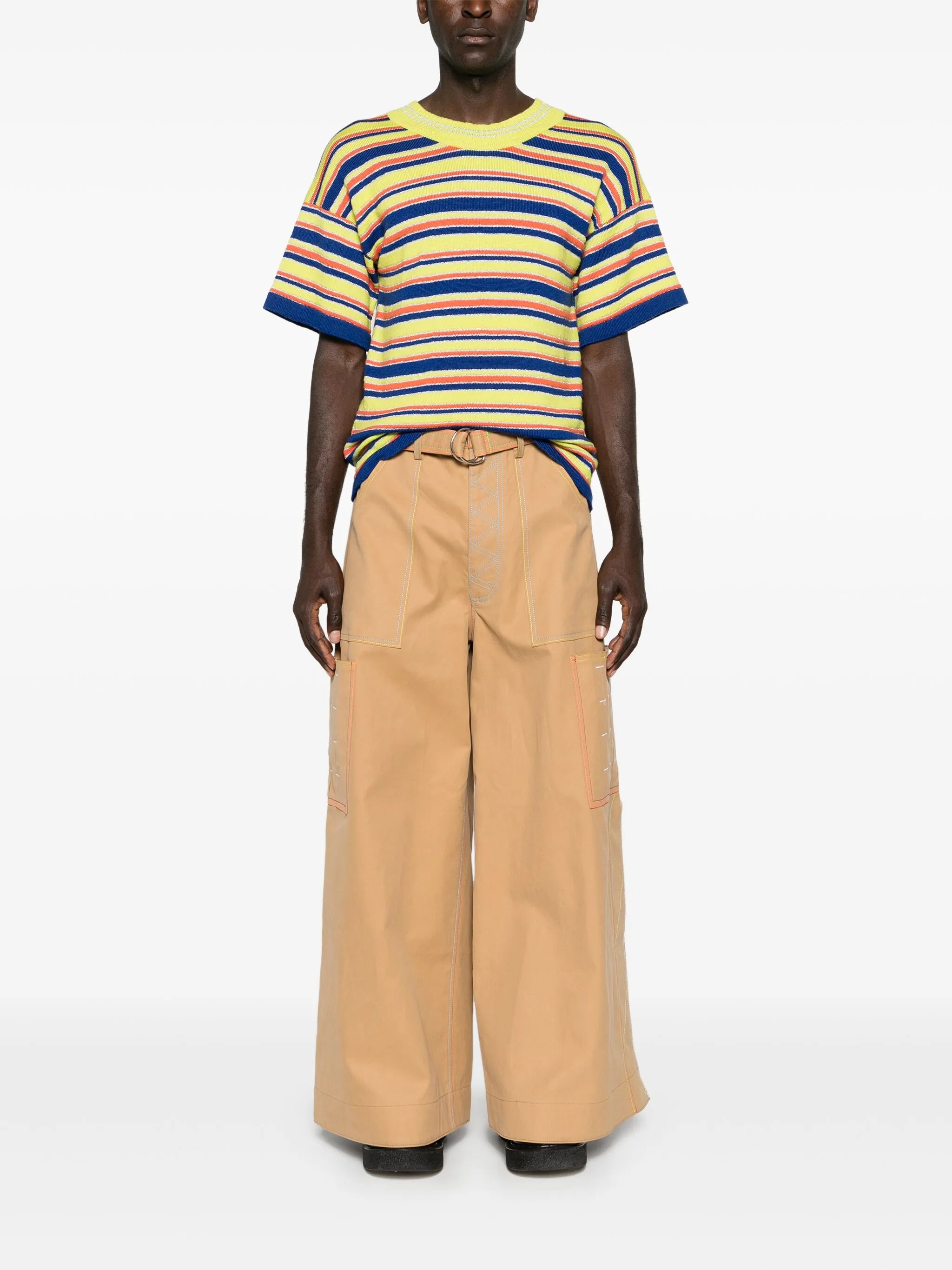 contrast-stitching belted cargo trousers