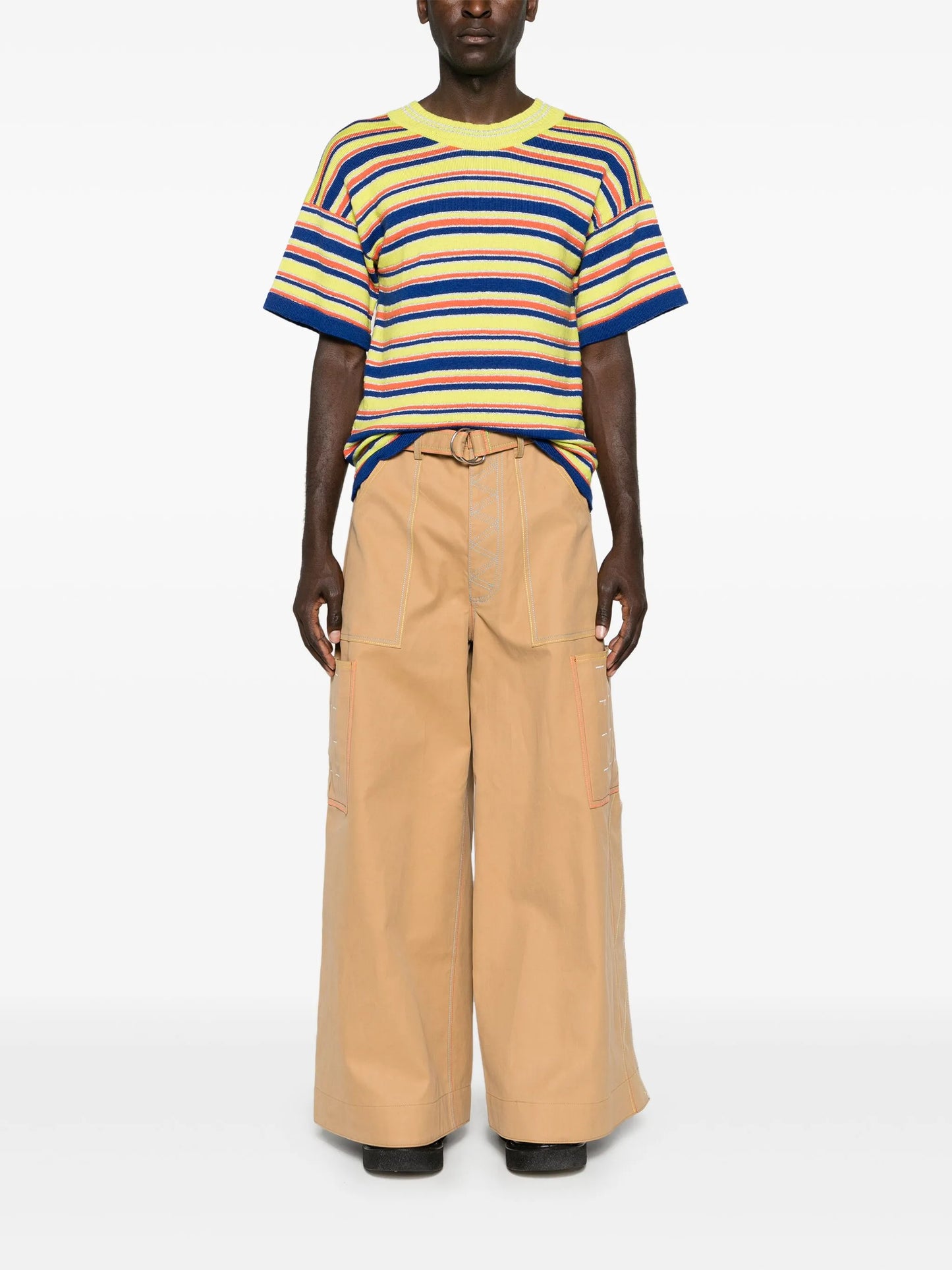 contrast-stitching belted cargo trousers