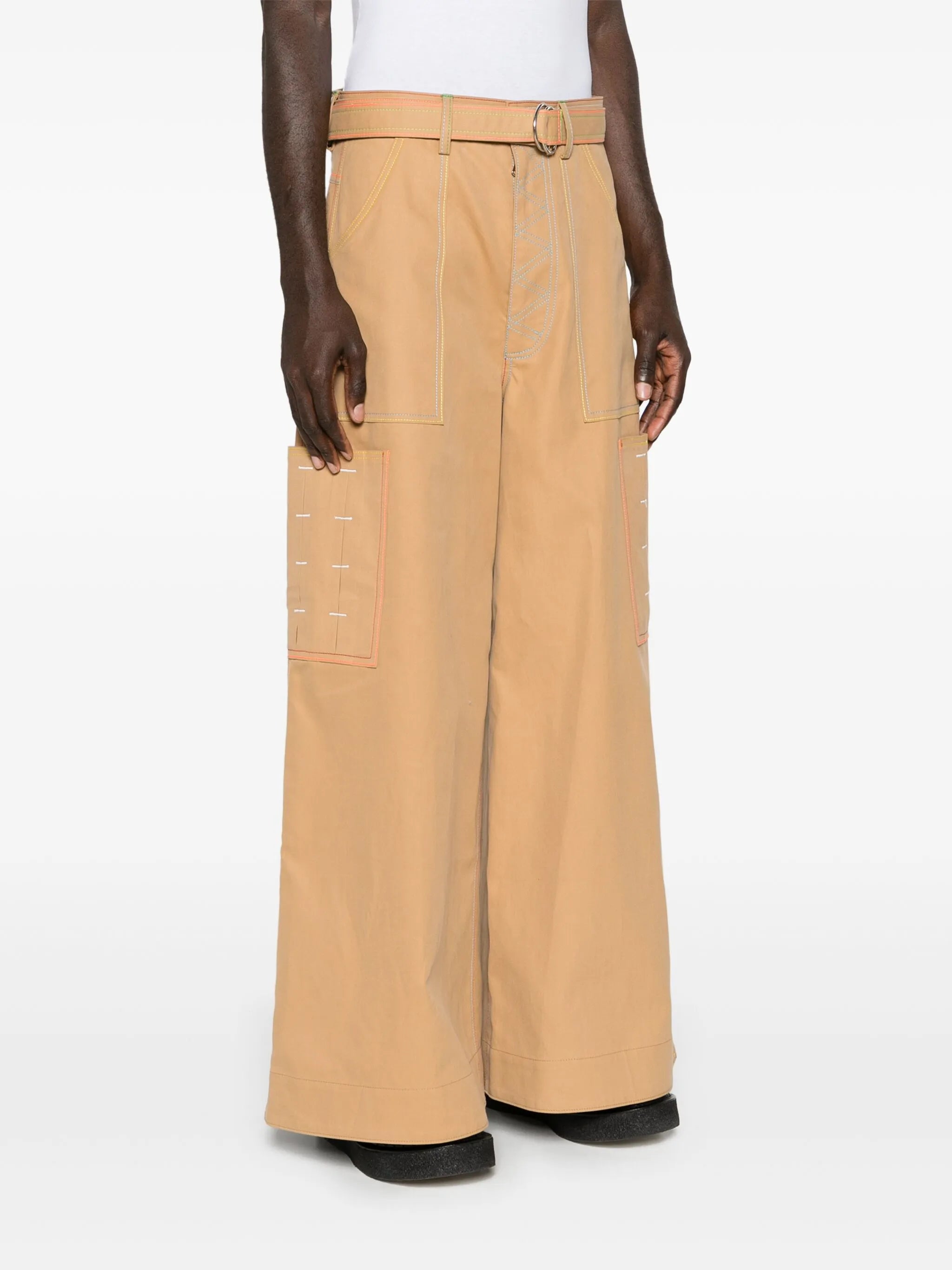 contrast-stitching belted cargo trousers