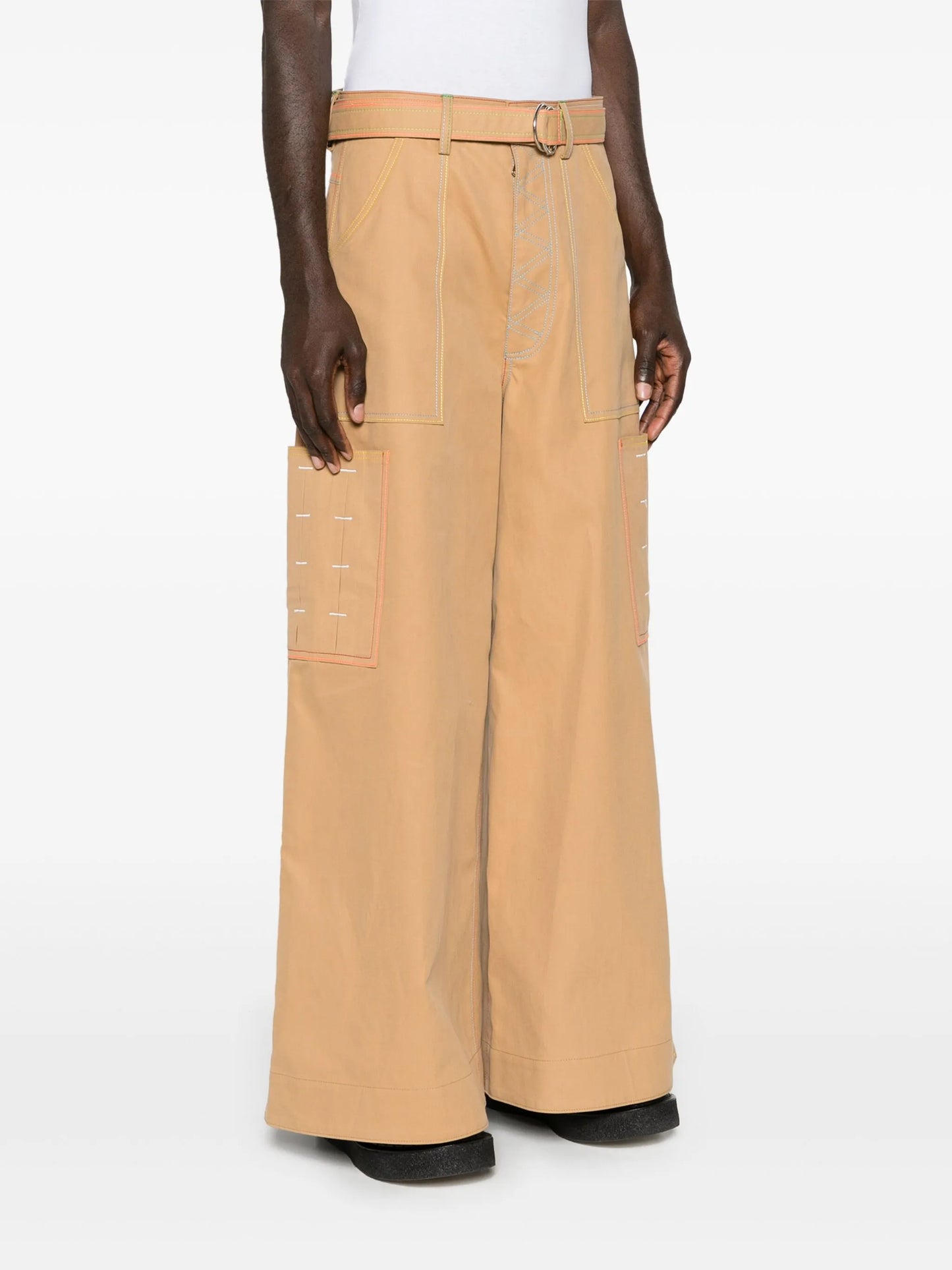 contrast-stitching belted cargo trousers