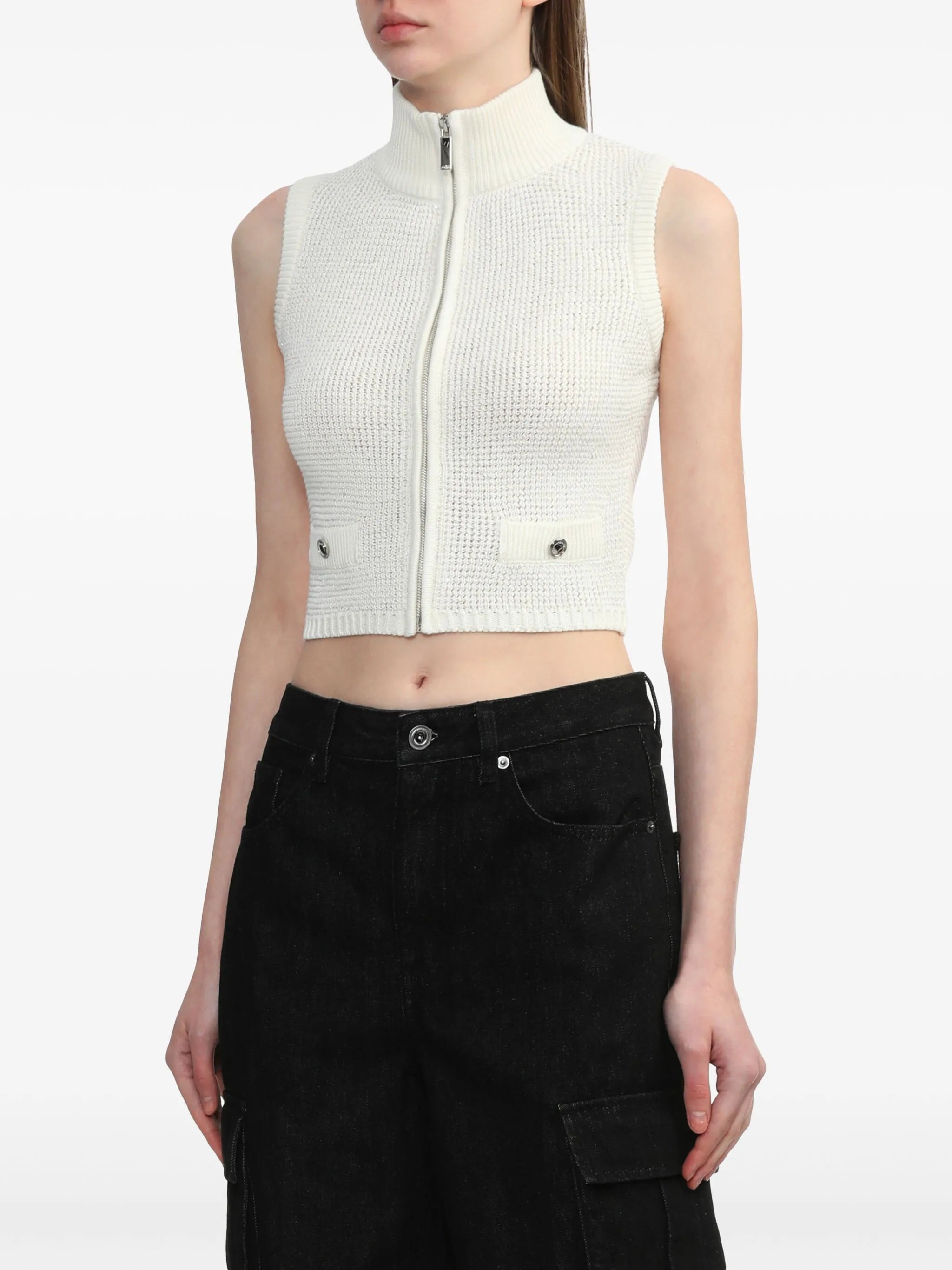 pocket-detail zip-front knitted top