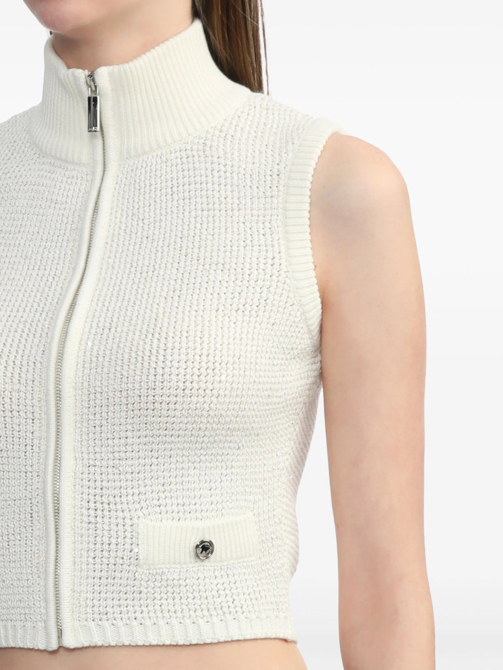 pocket-detail zip-front knitted top