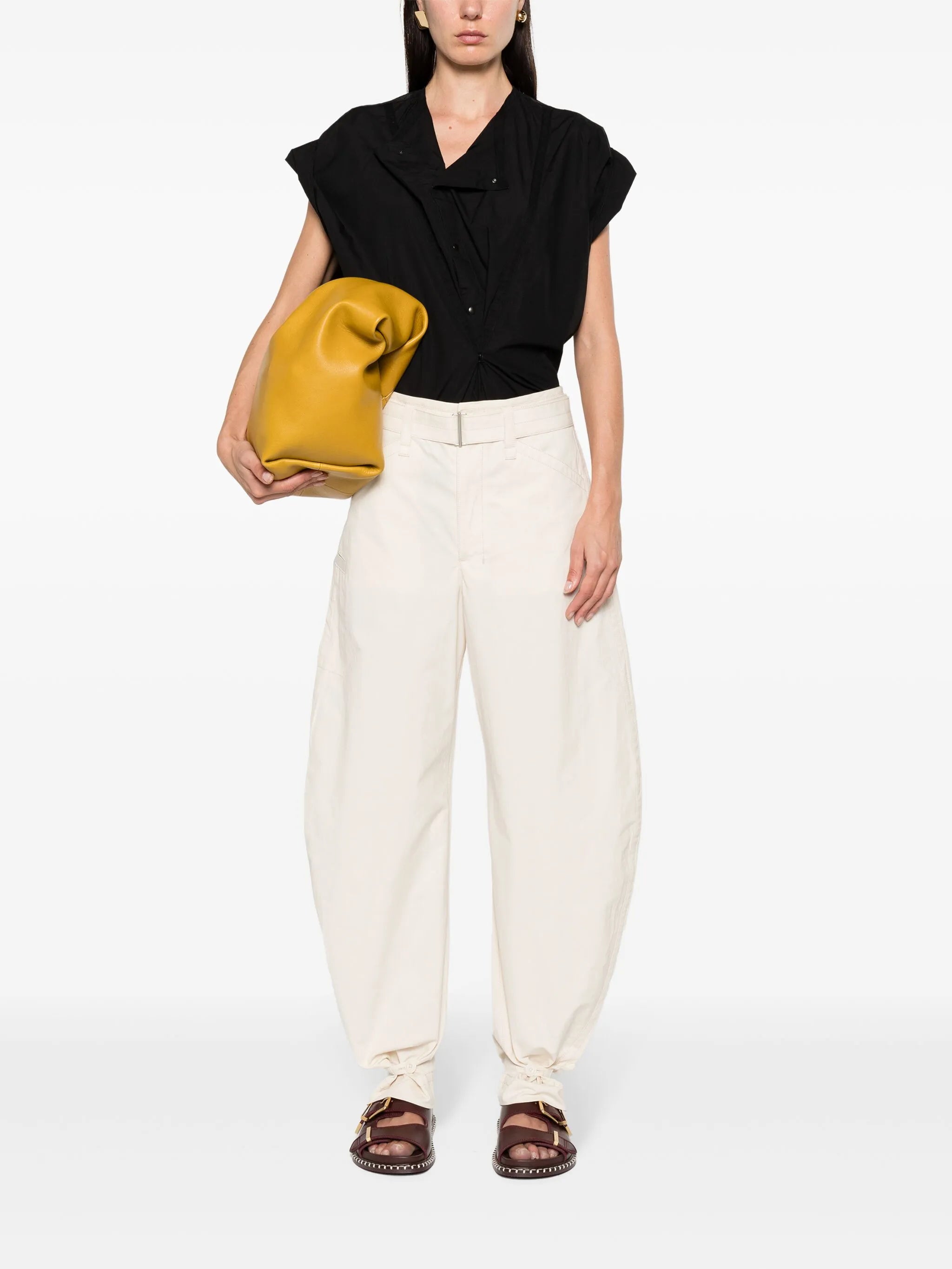 belted tapered-leg trousers