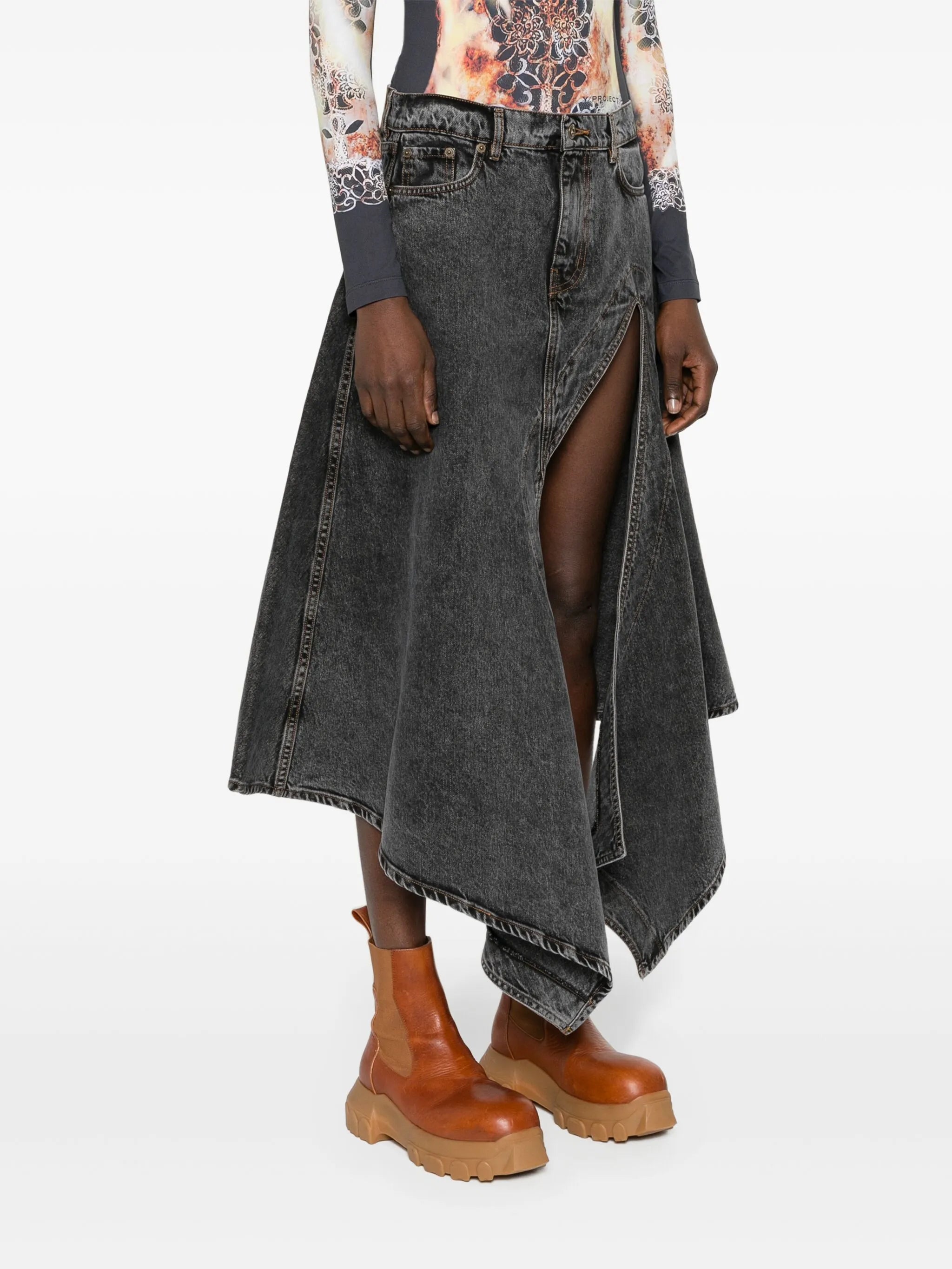 asymmetric denim maxi skirt