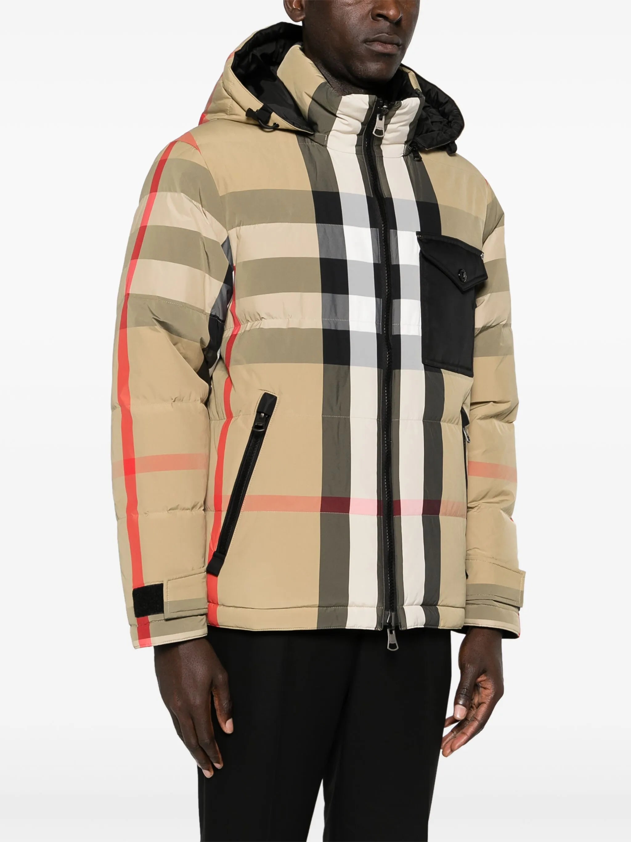 hooded checked puffer jacket