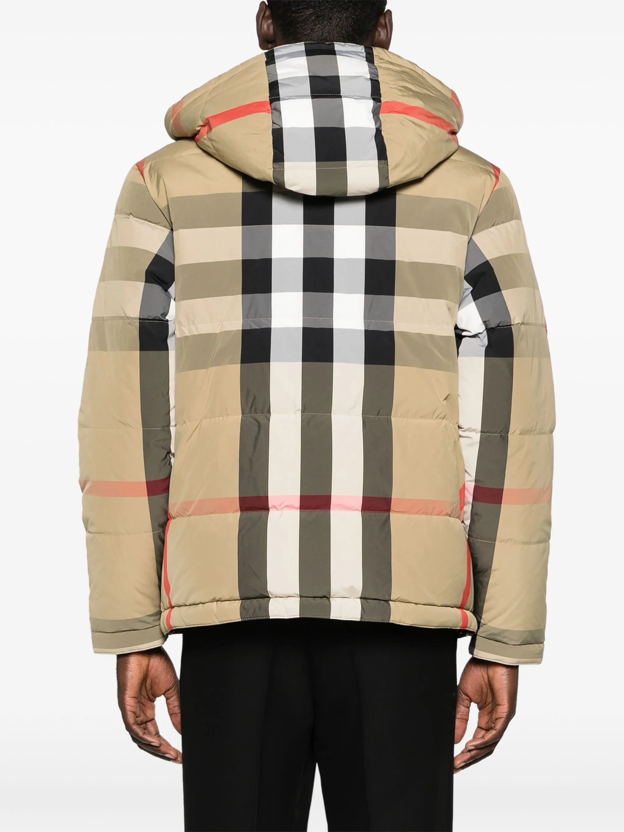hooded checked puffer jacket
