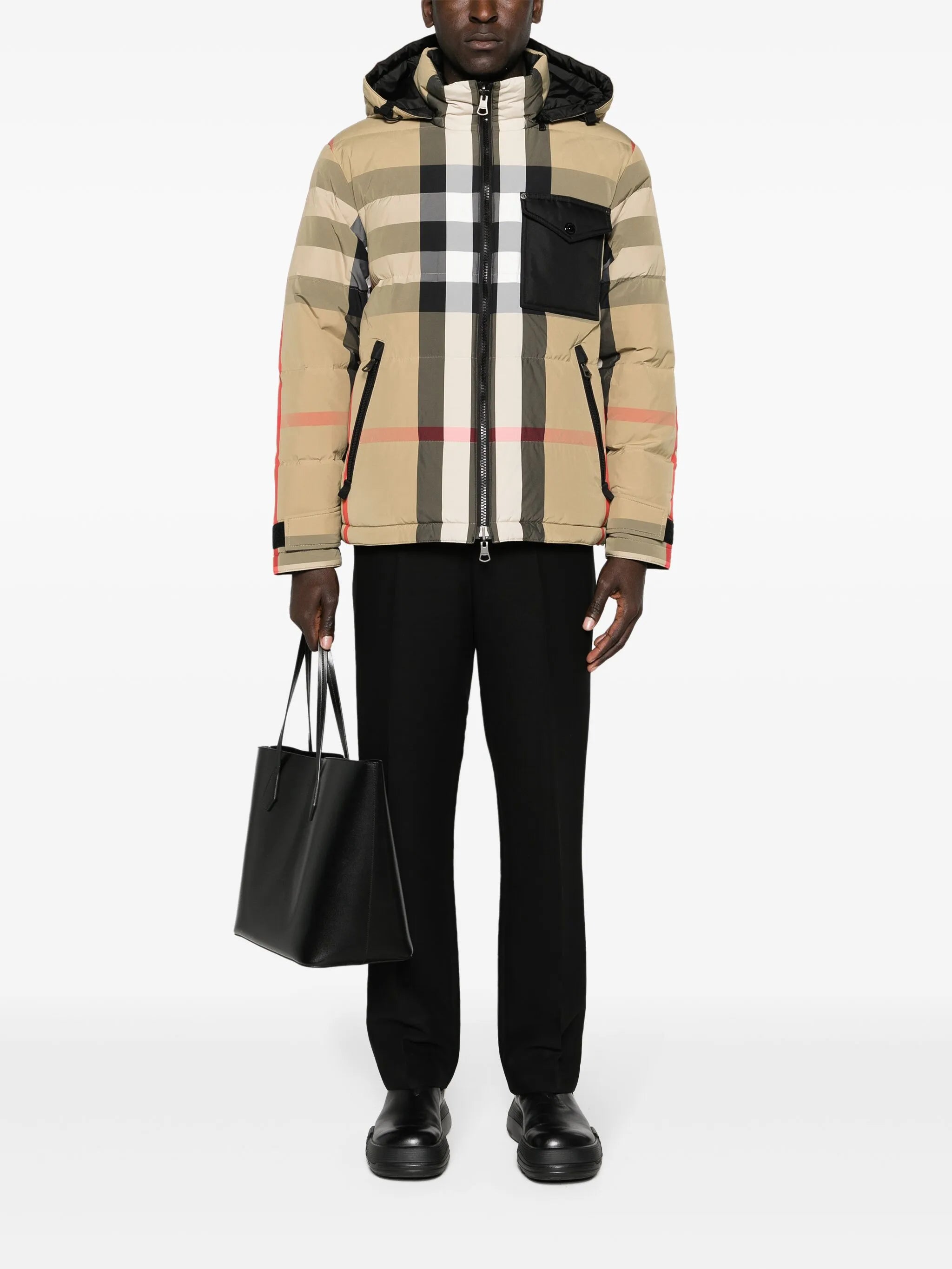 hooded checked puffer jacket