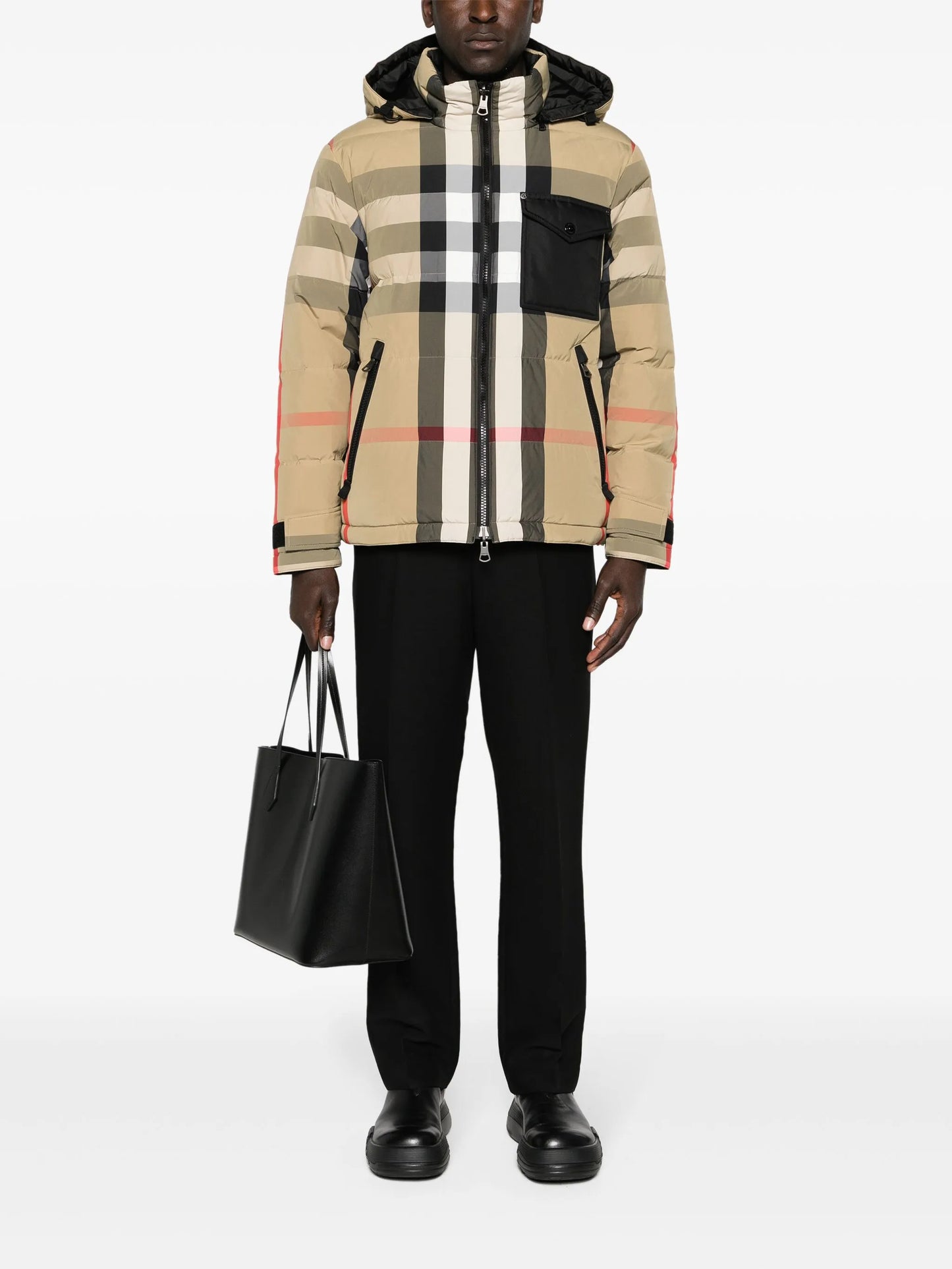 hooded checked puffer jacket