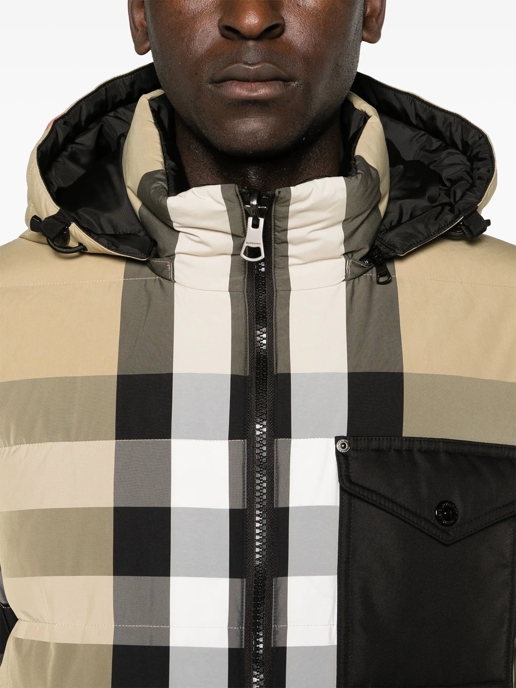 hooded checked puffer jacket